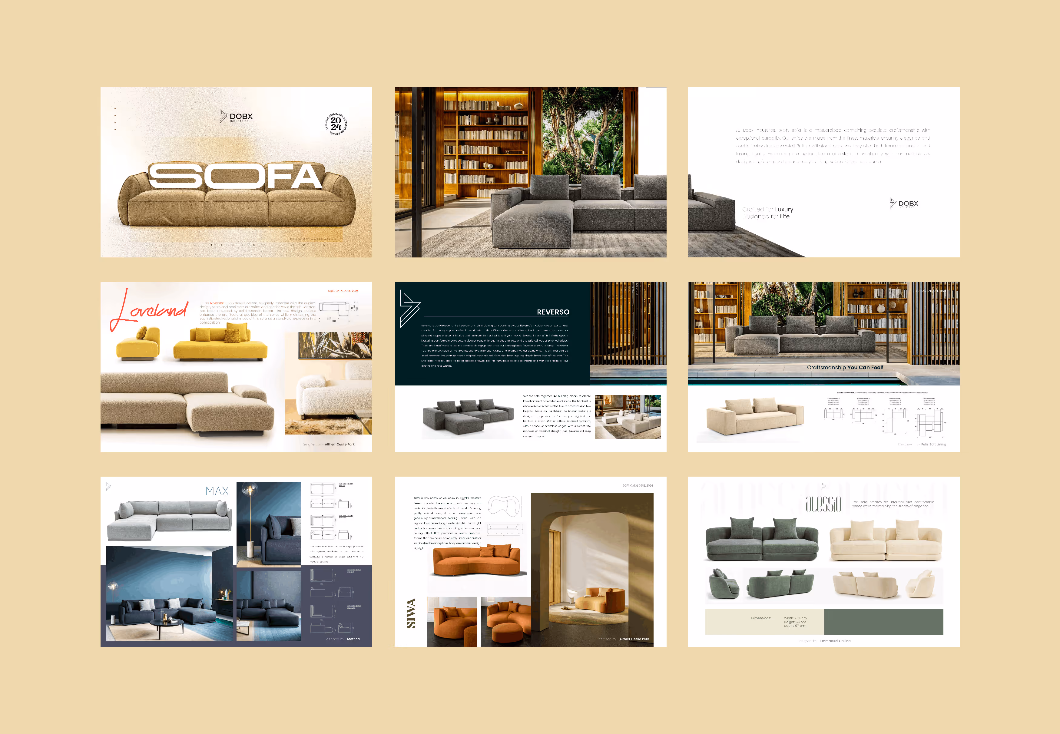 Nine brochure pages featuring various modern sofa designs in different colors and layouts.