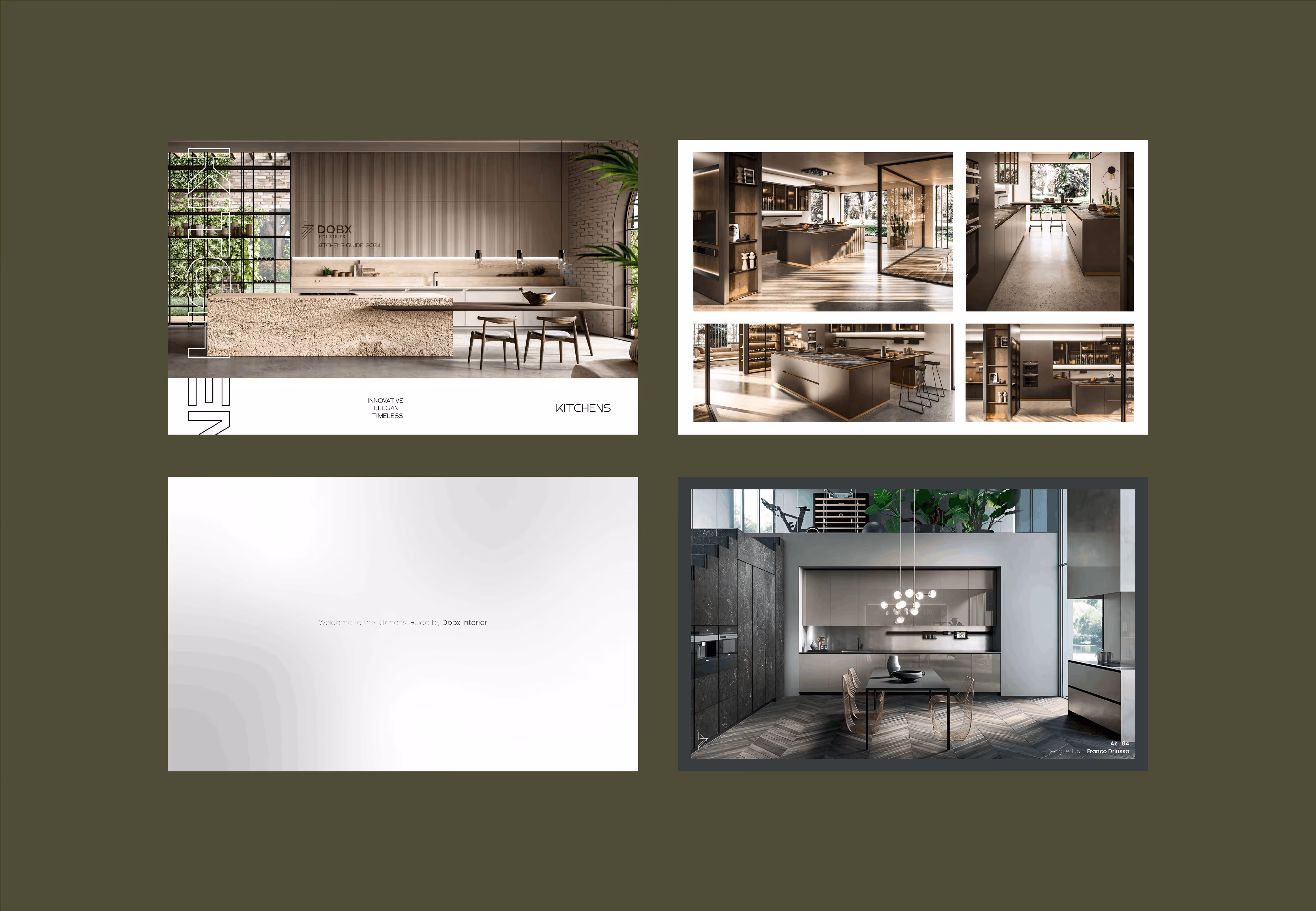 Collage showing modern kitchen brochures with large island, dining, and contemporary designs.