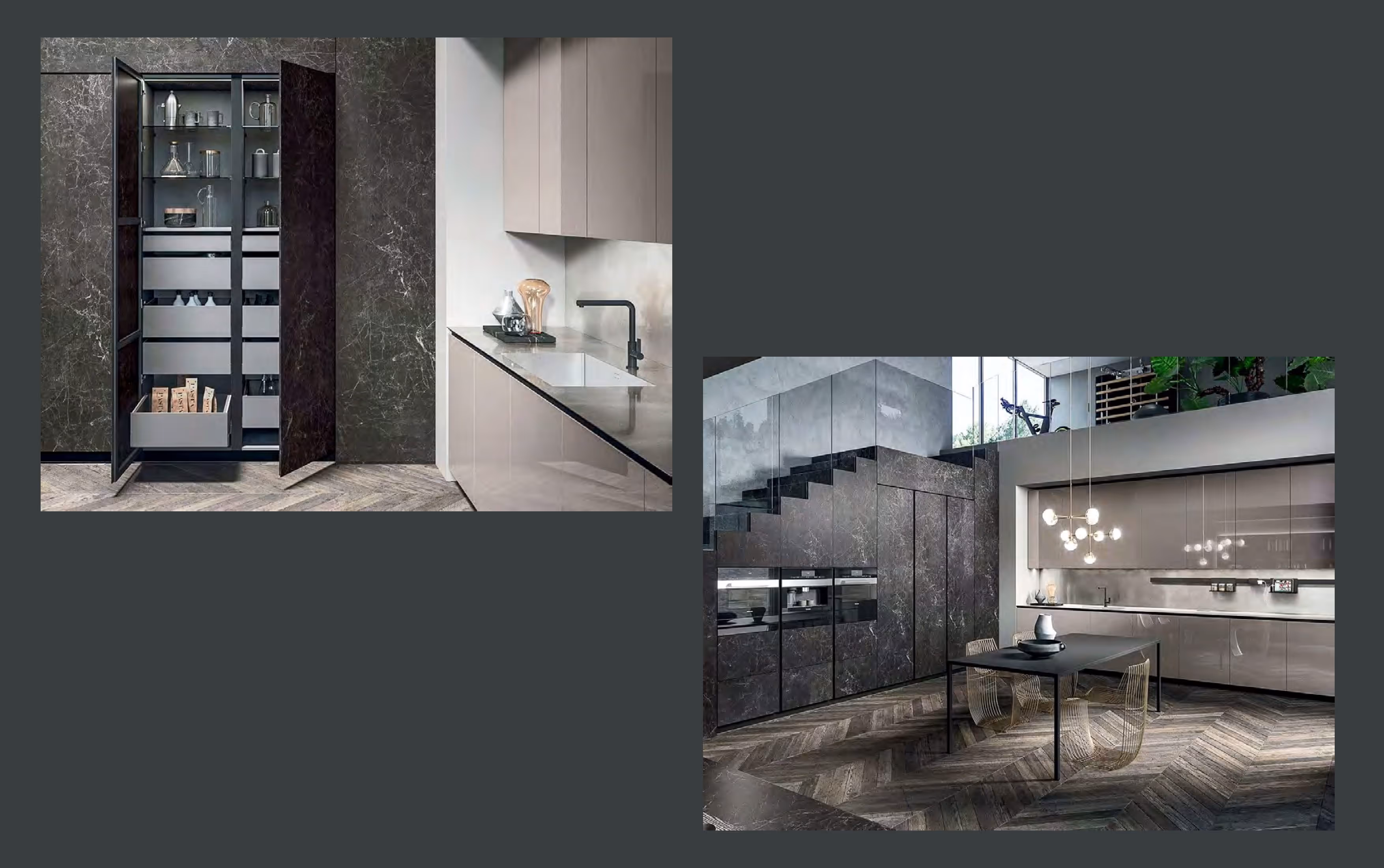 Modern kitchen with dark cabinetry, built-in appliances, island table, and open pantry with organized shelves.