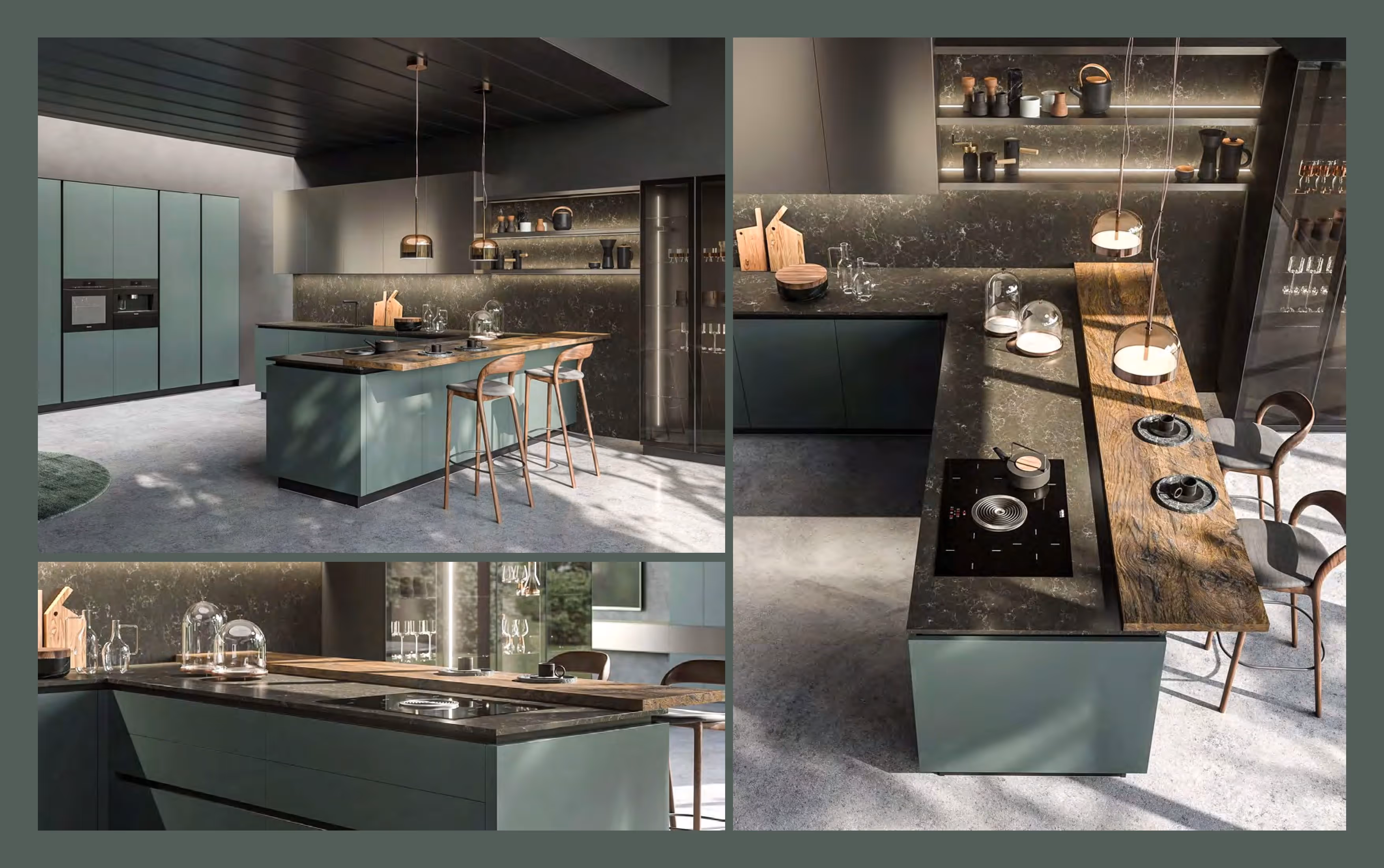 Modern kitchen with green cabinetry, wooden bar stools, black marble countertops, and pendant lights.