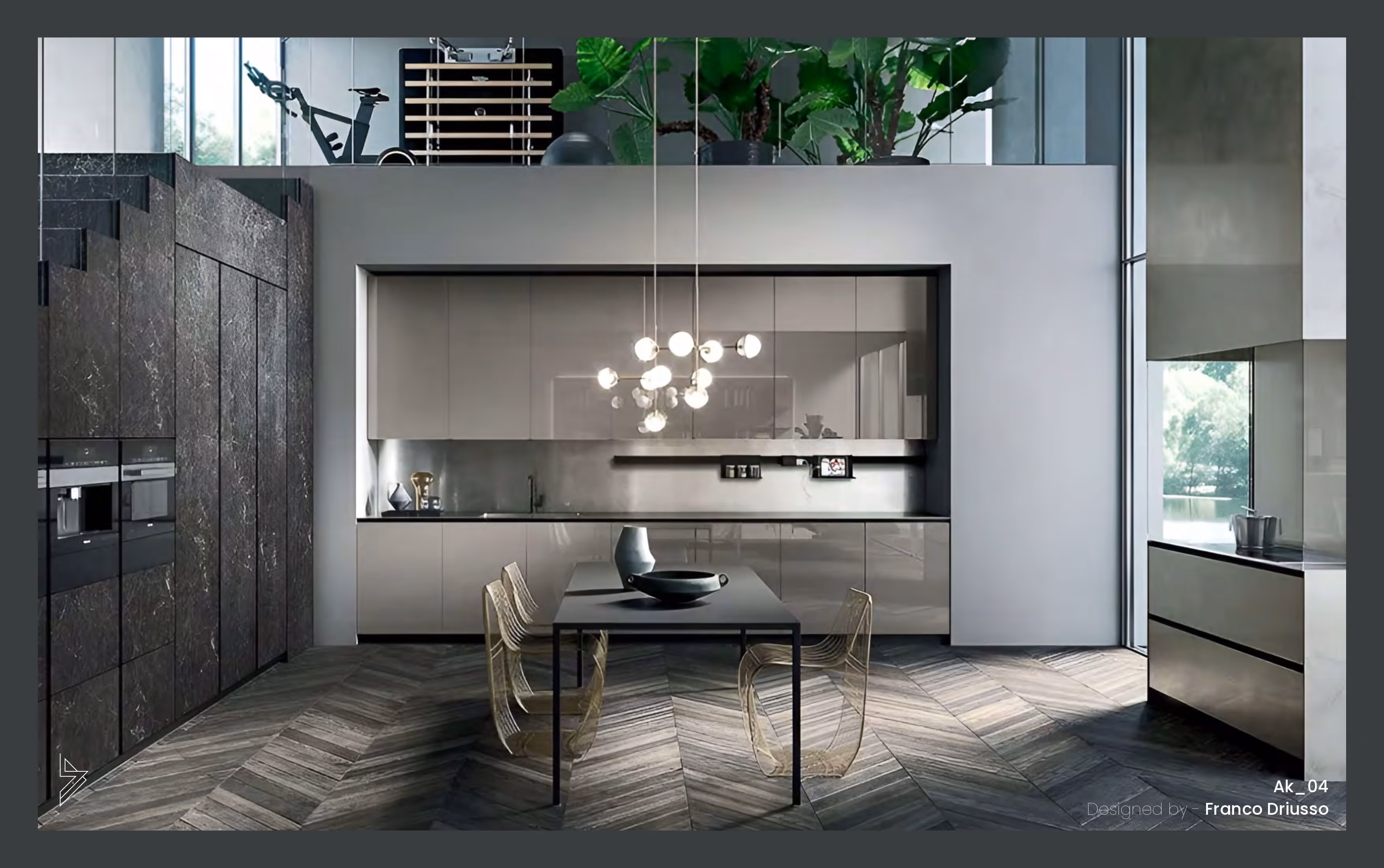 Modern kitchen with dark textured cabinets, glass chairs, a black table, pendant lights, and large windows.