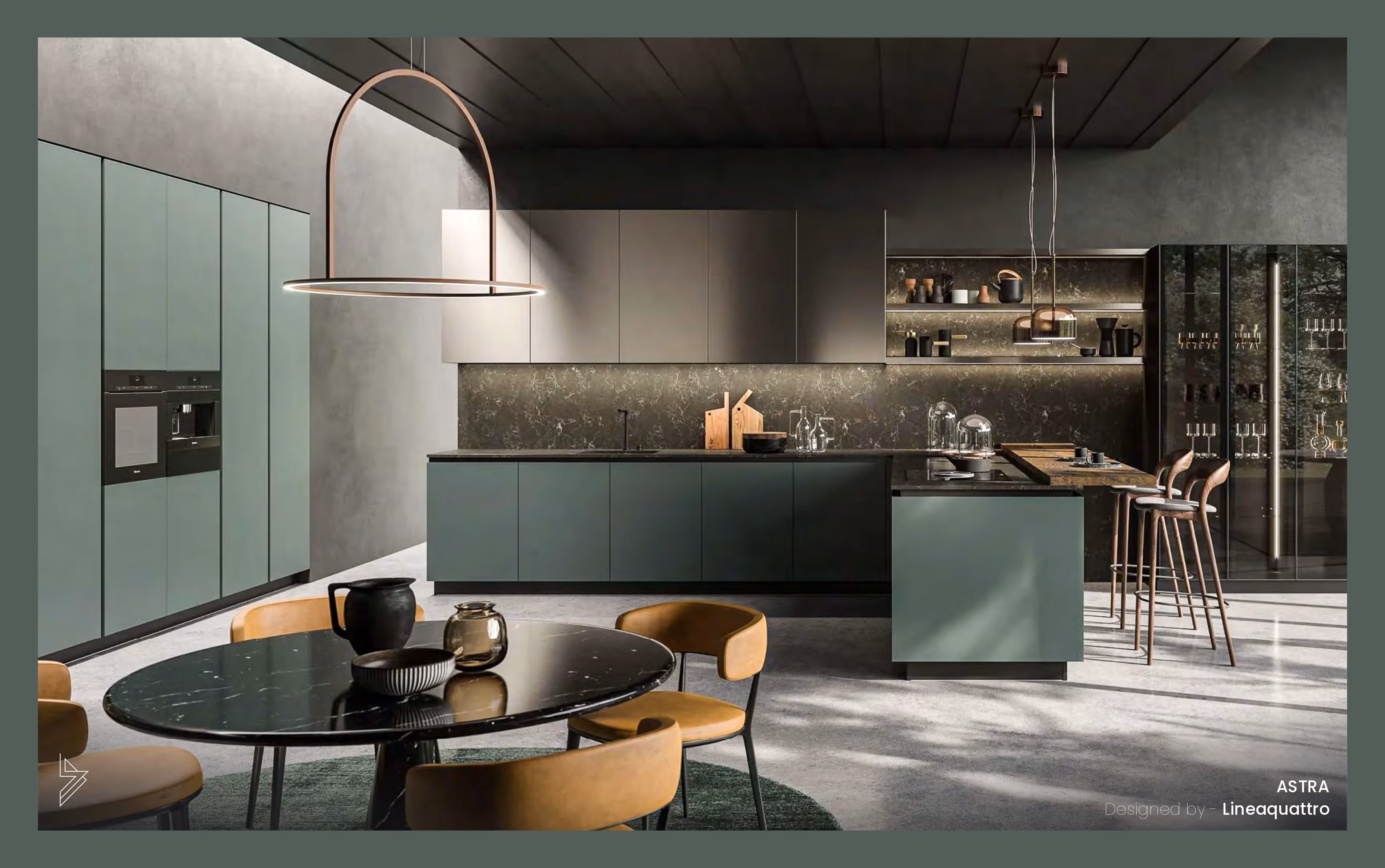 Modern kitchen with green cabinets, black marble table, tan chairs, island with bar stools, and ambient lighting.