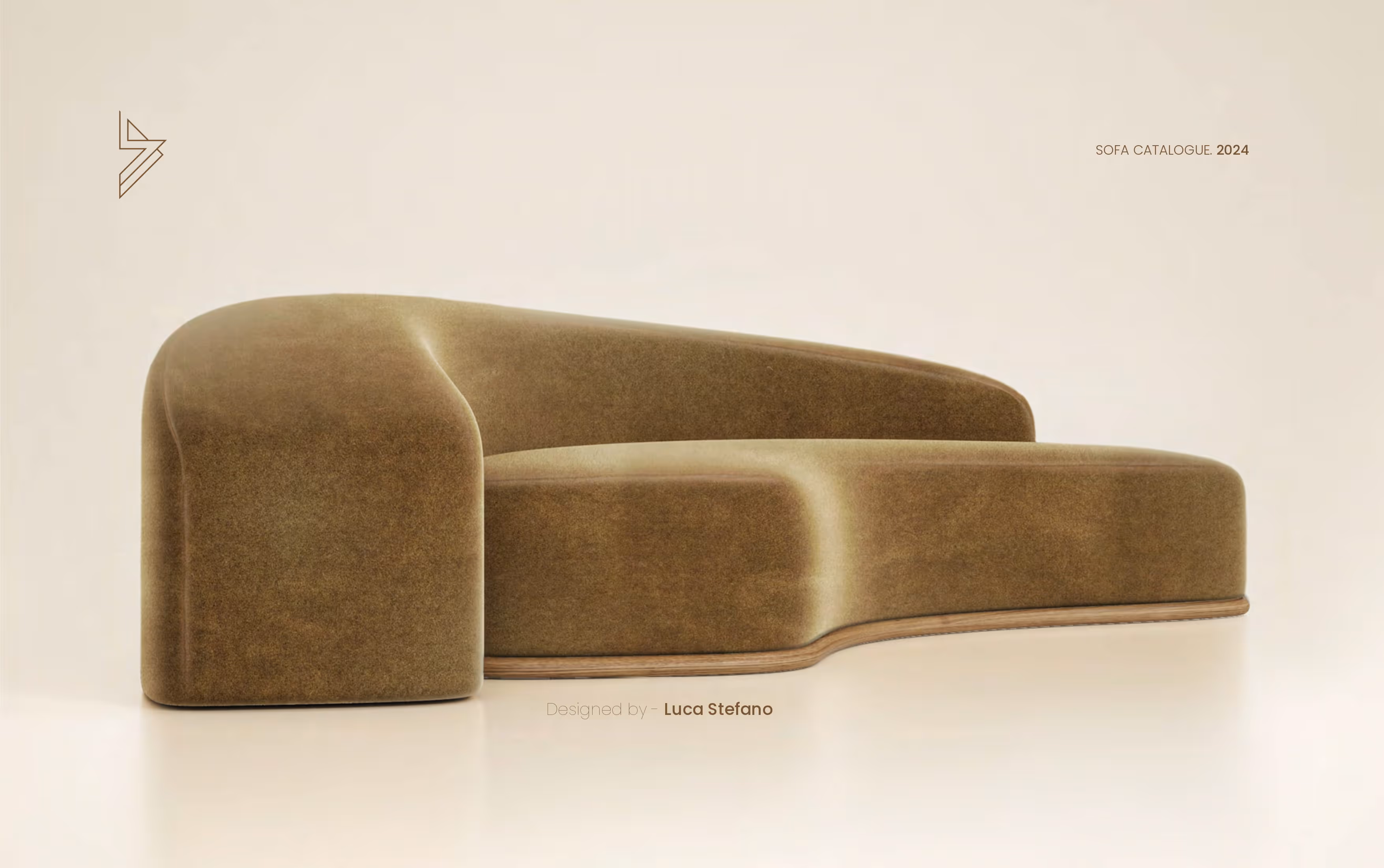 Curved brown velvet sofa with wooden base on a beige background, designed by Luca Stefano.