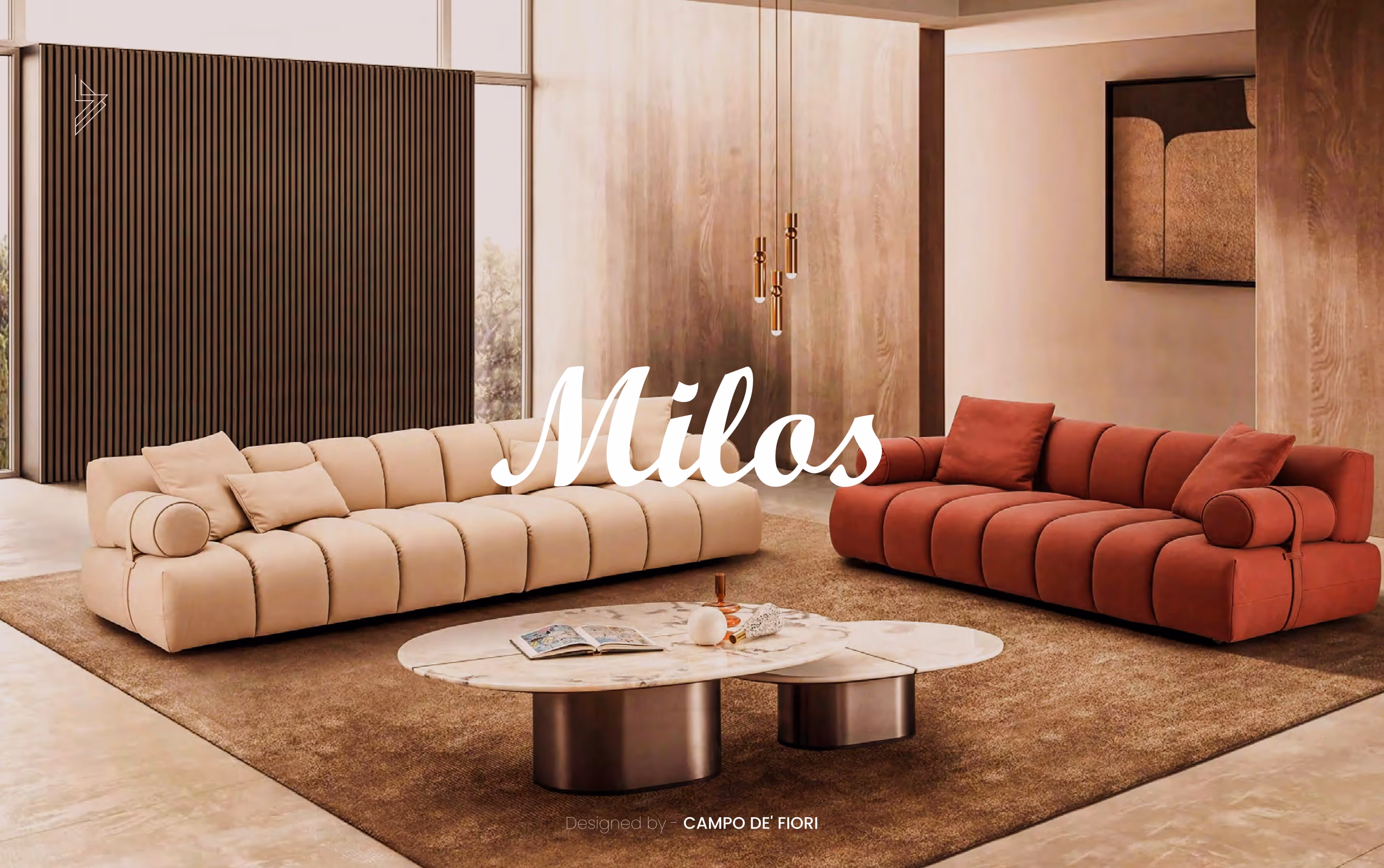 Two plush sofas, one beige and one rust red, arranged on a brown rug with modern decor.