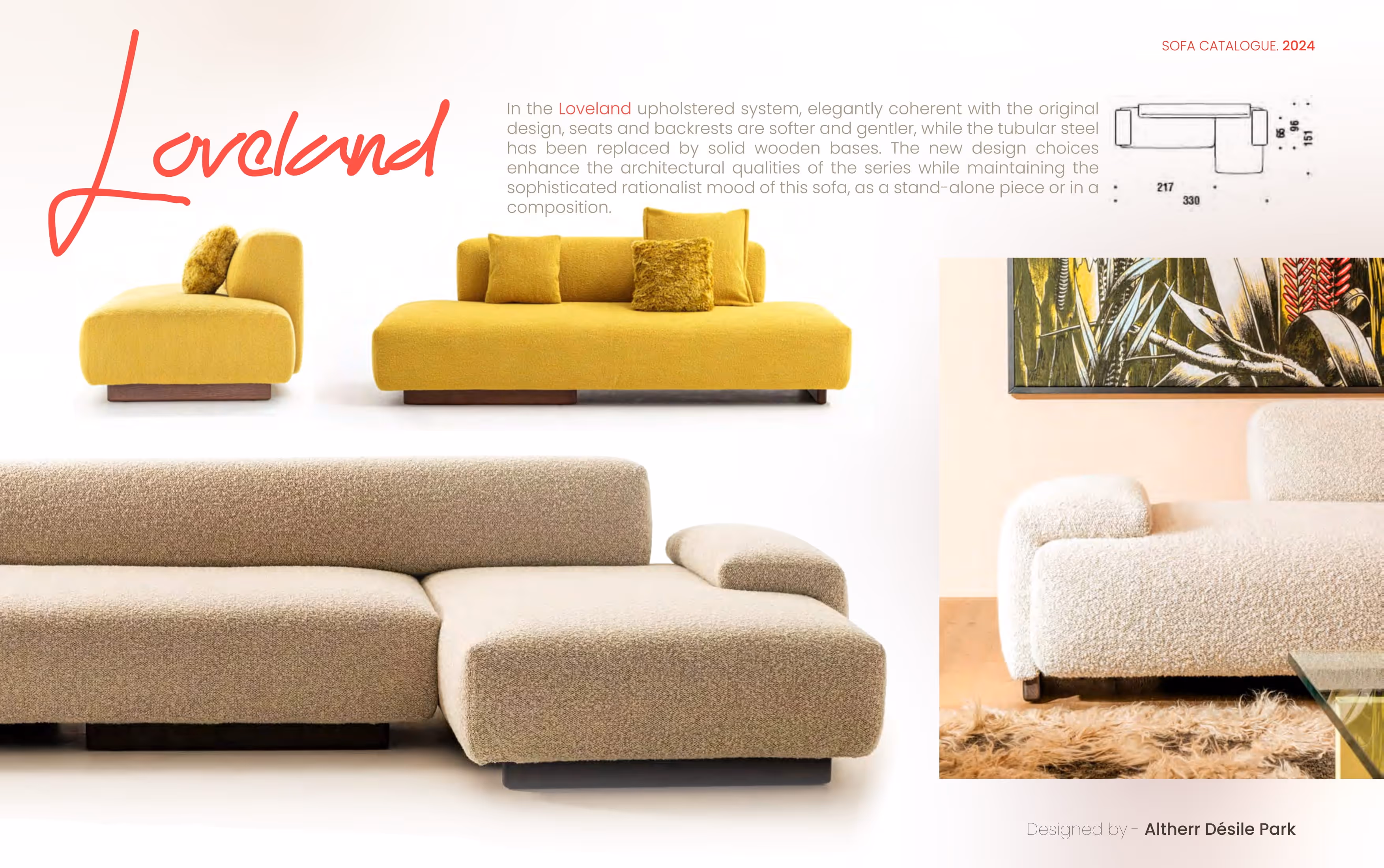 Loveland upholstered sofas in yellow and textured beige with wooden bases in a modern design catalog.
