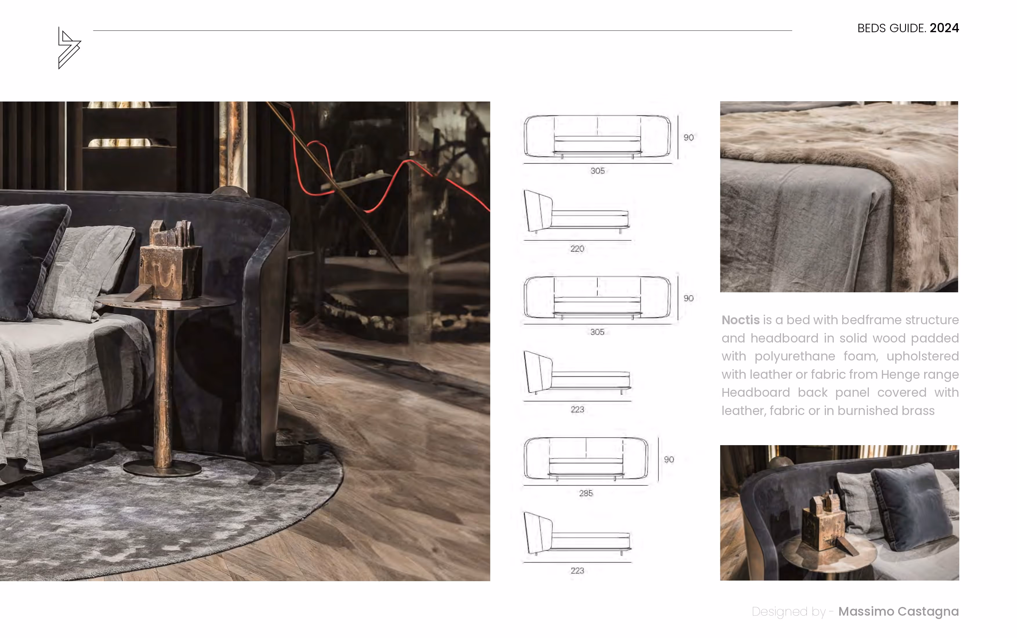 Dark upholstered bed with pillows, wooden side table, and technical bed frame diagrams with dimensions.