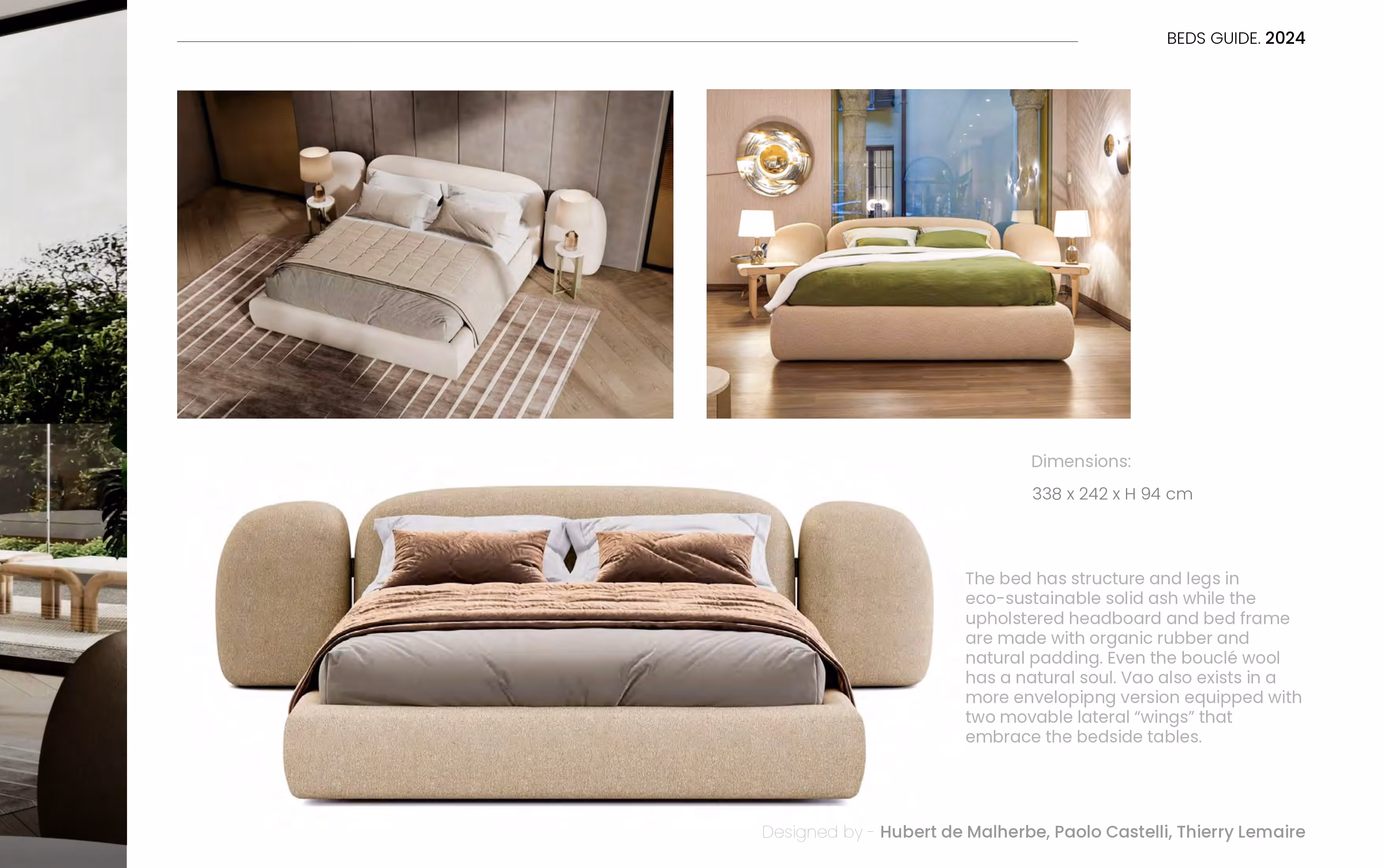 Three modern beds: beige with curved headboard and brown pillows, beige with green blanket, and white and beige carpeted bed.