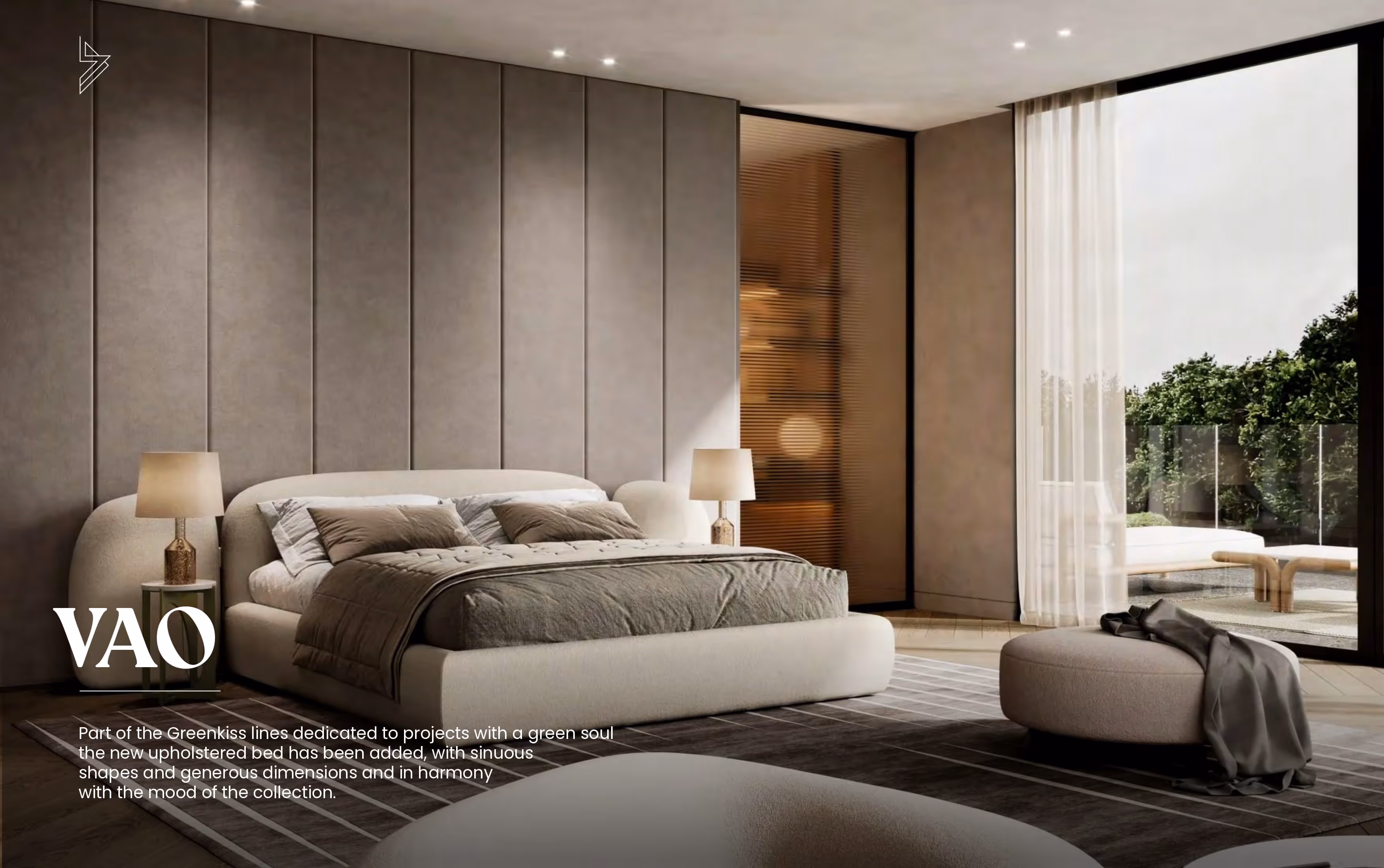 Modern bedroom with upholstered bed, bedside lamps, ottoman, large window, and outdoor view with greenery.