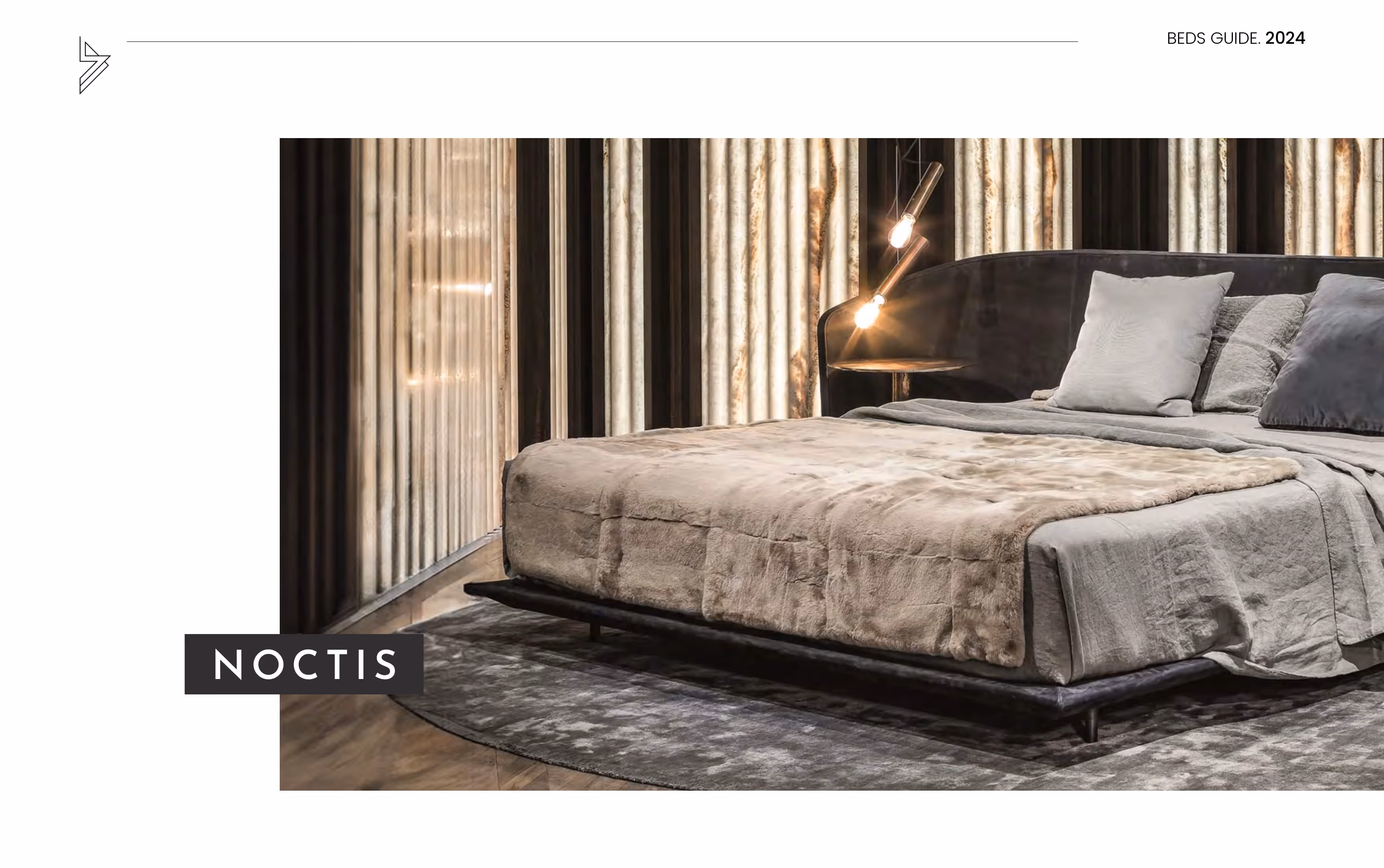 Stylish modern bed with plush beige bedding and pillows on a gray round rug in warm ambient light.