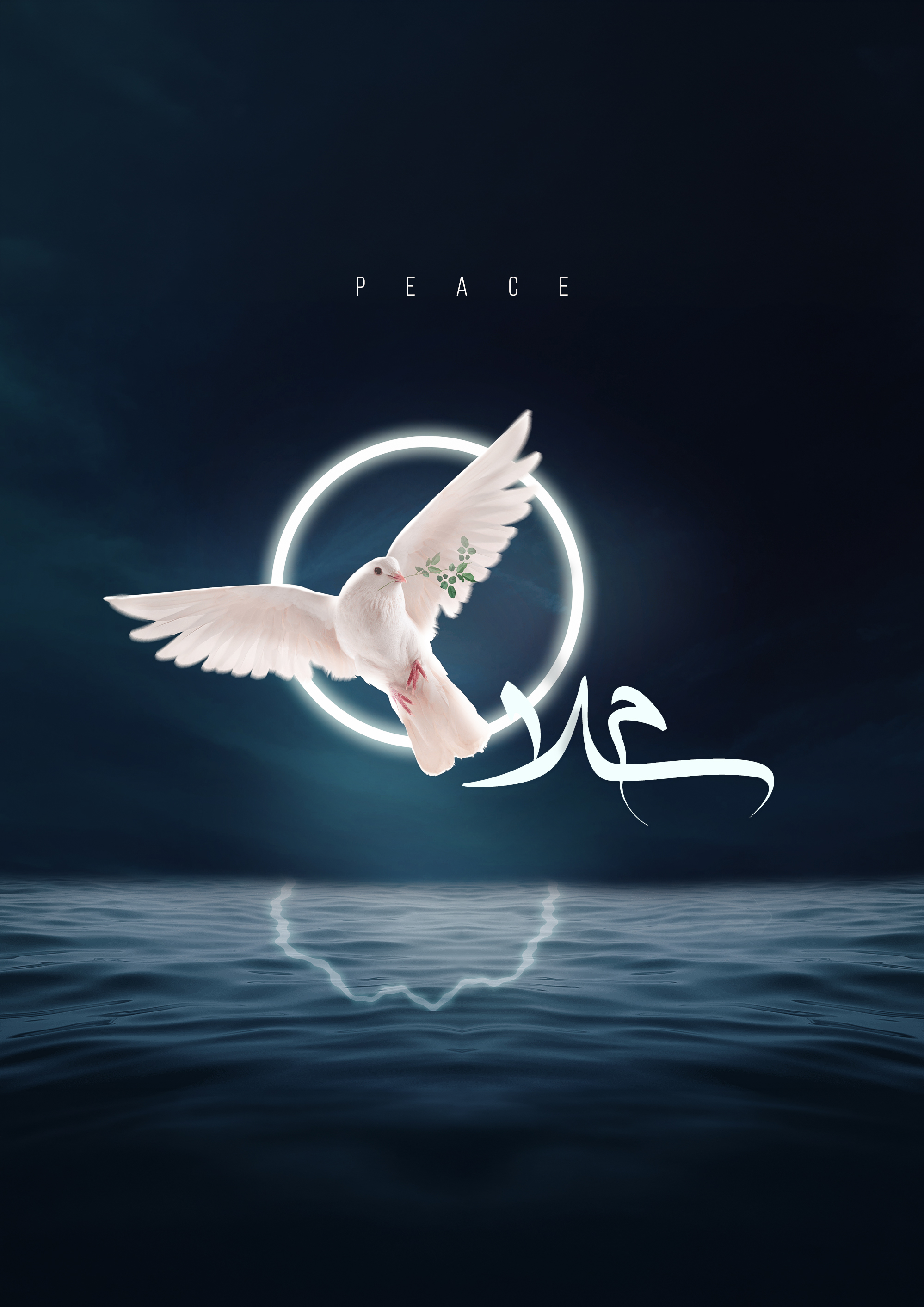 White dove with olive branch flying in front of glowing circle over dark water under the word Peace.