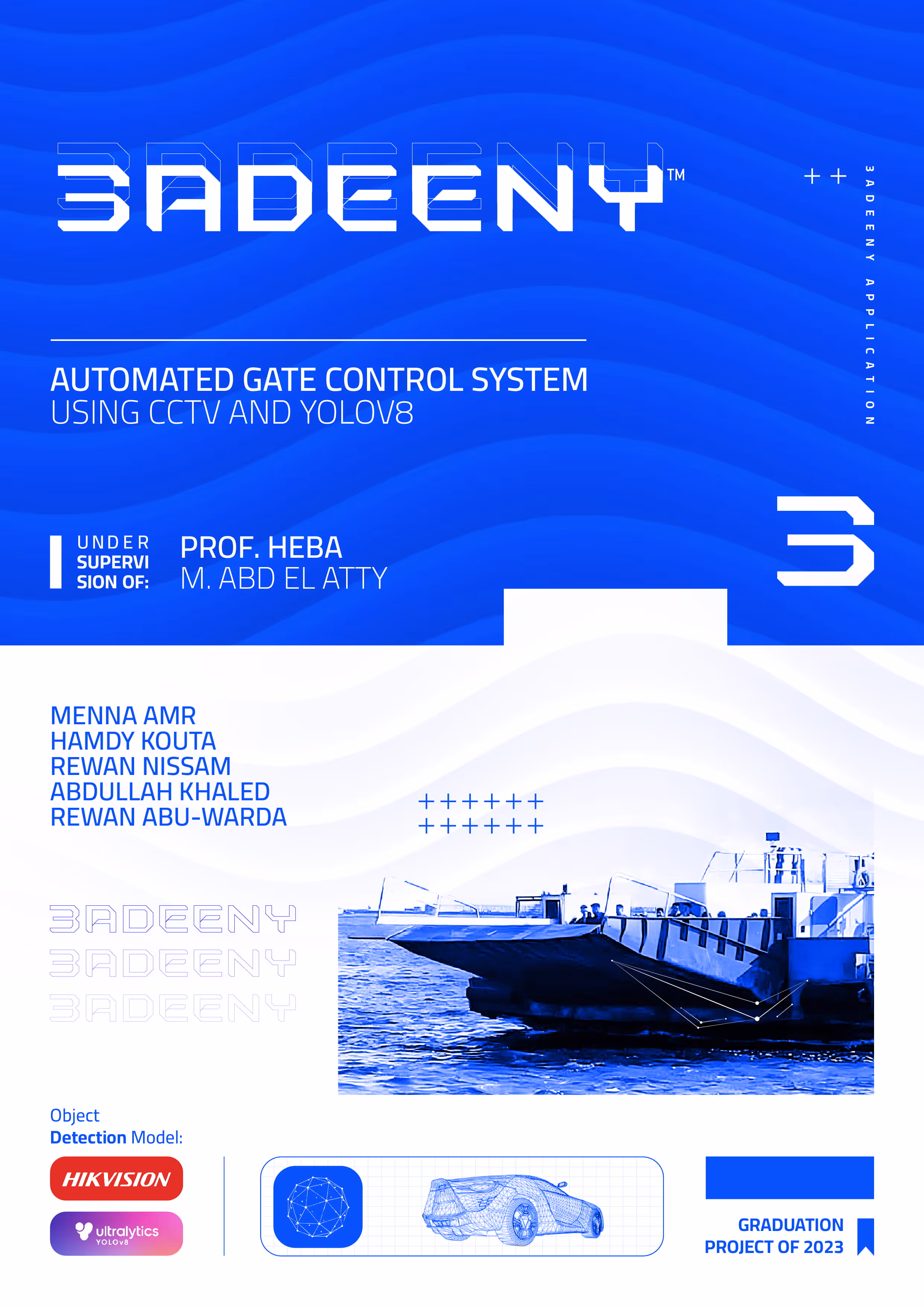Project cover for 3ADEENY automated gate control using CCTV and YOLOv8 with supervisor and team names.