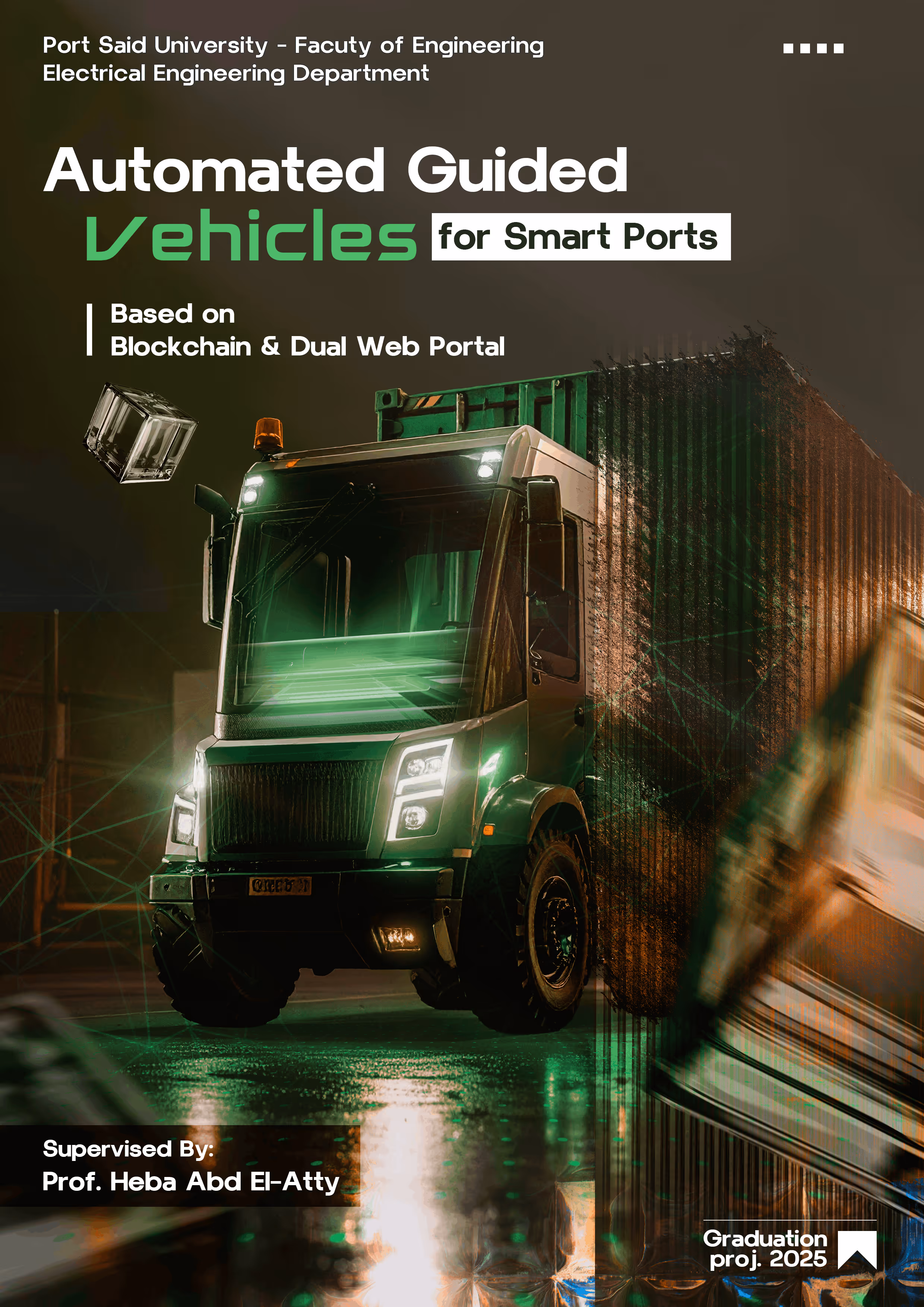 Futuristic automated truck with container illuminated by green light for smart port logistics.