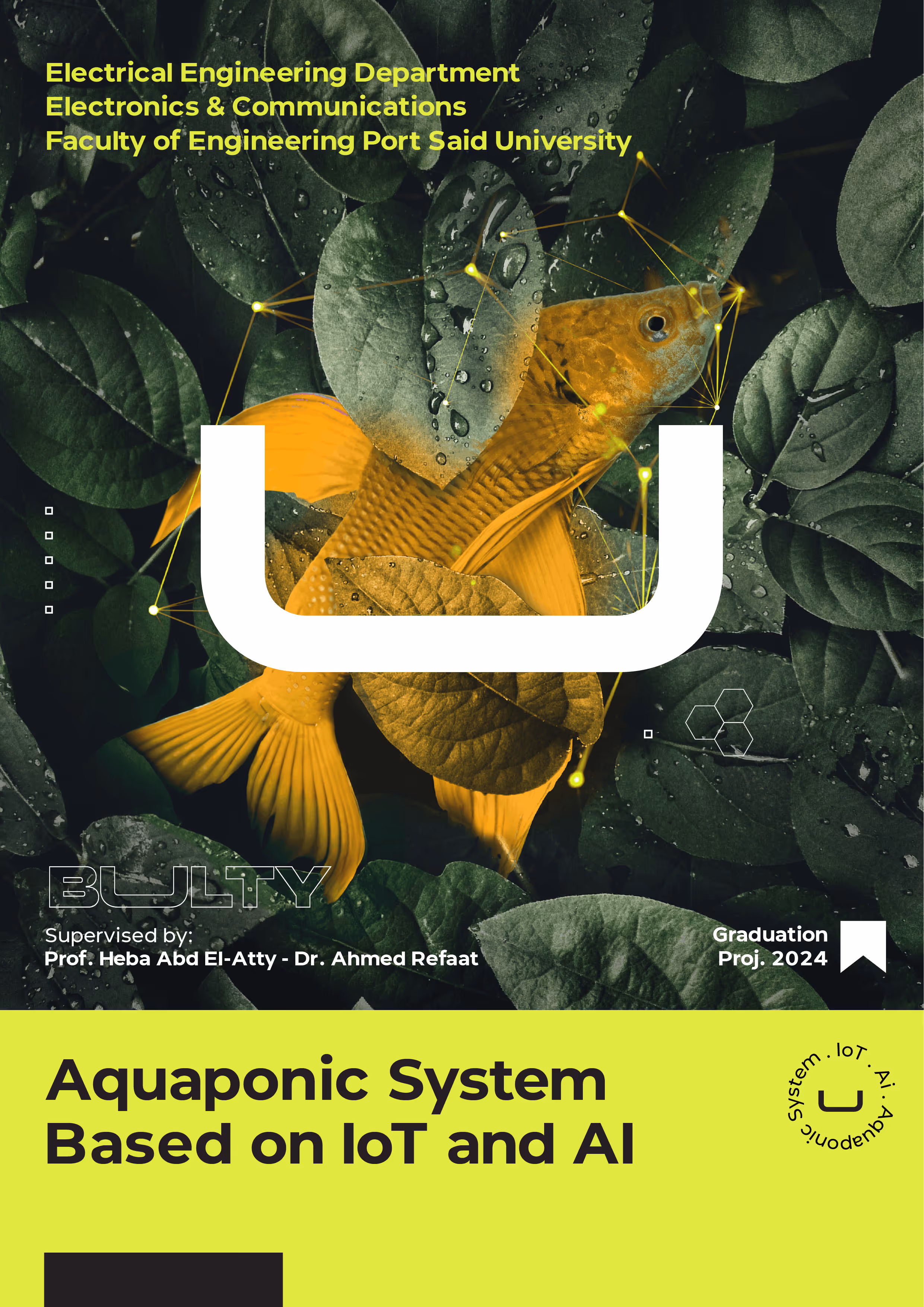 Illustration of an orange fish over green leaves with text about an IoT and AI-based Aquaponic System project.