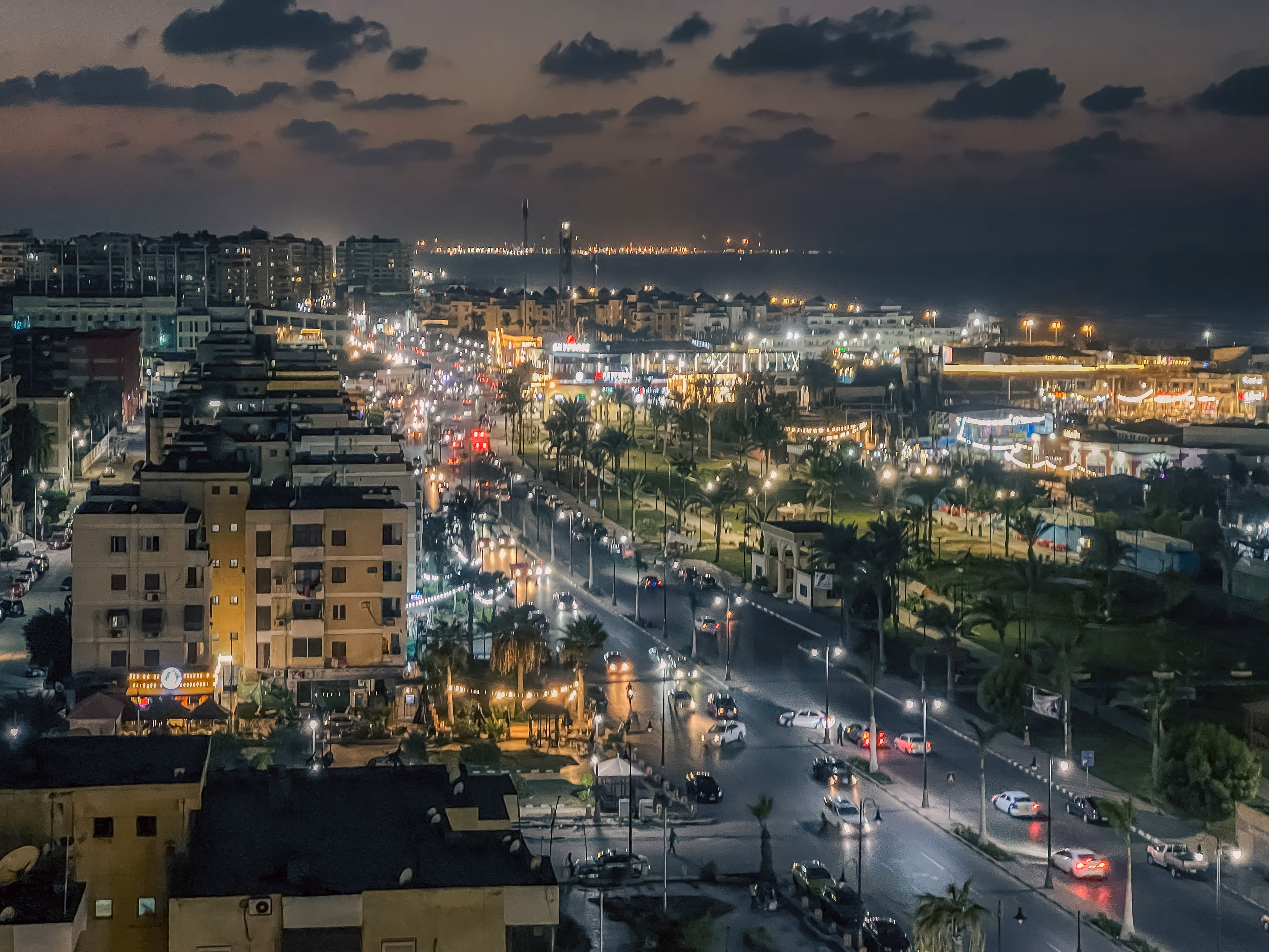 Night cityscape with lit buildings, busy streets, cars, and illuminated parks under cloudy sky.