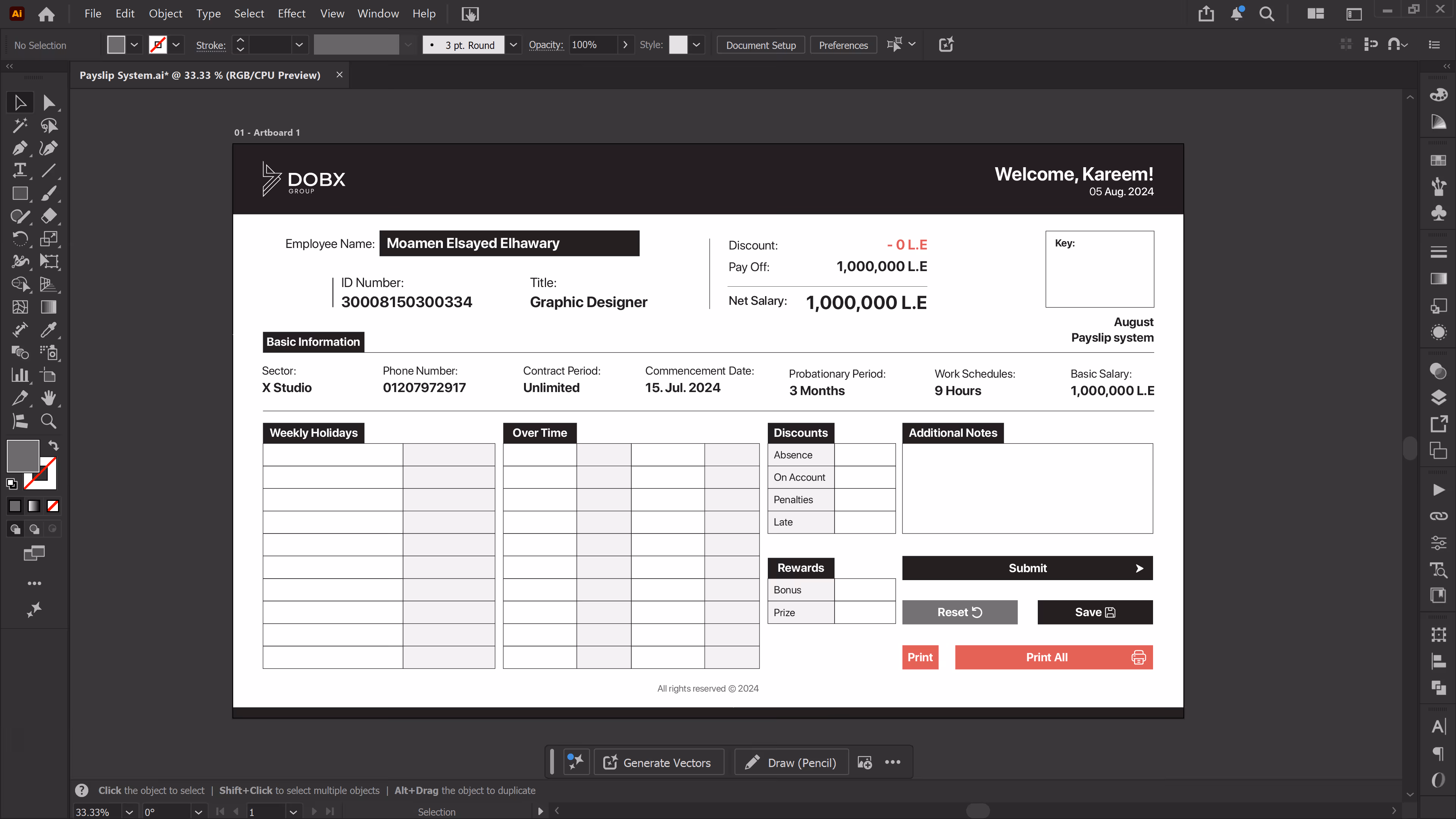 Digital payslip for Moamen Elsayed Elhawary, graphic designer, showing salary and work details in a system interface.