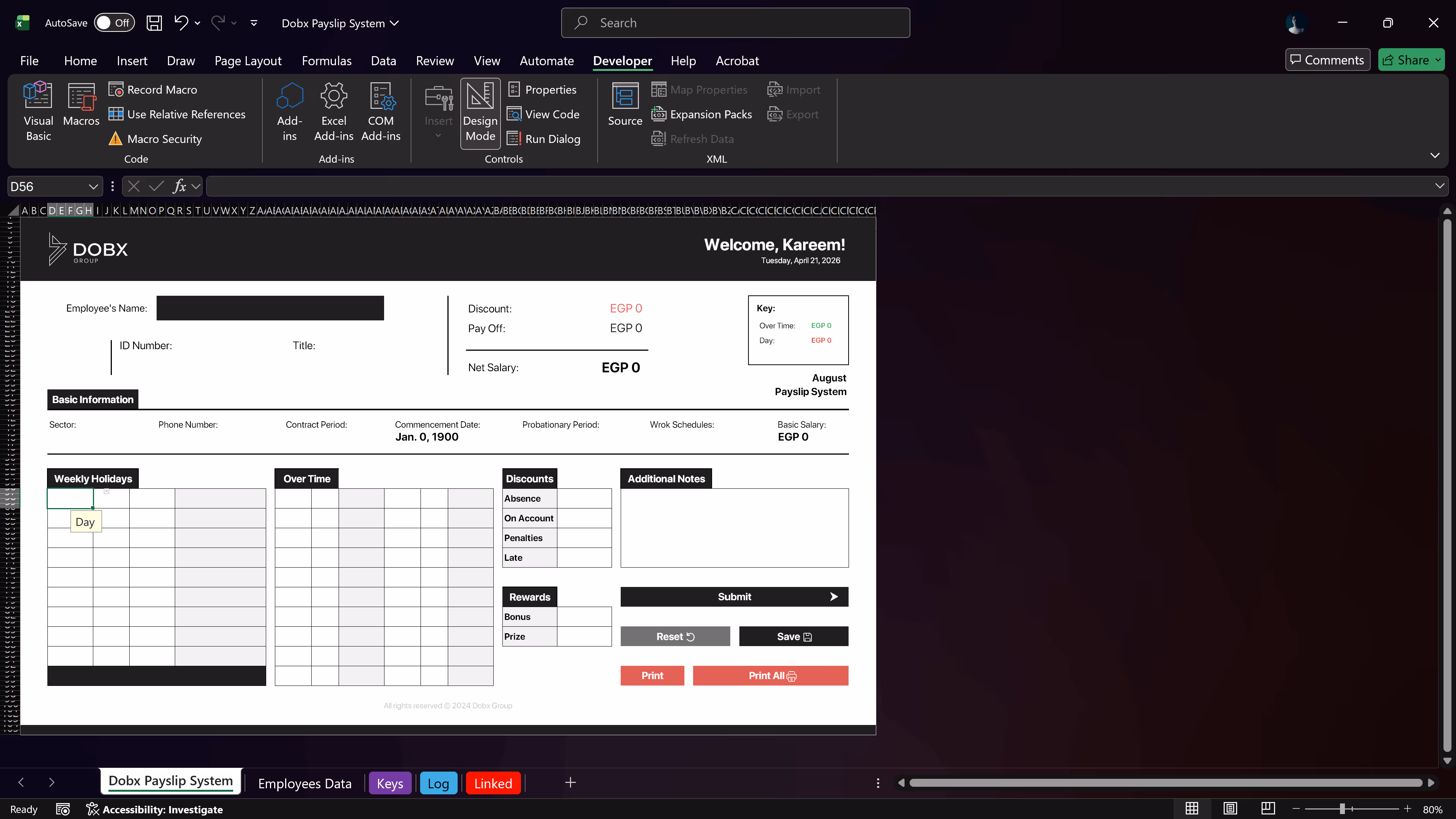 Excel screen showing Dobx Payslip System with employee salary, holidays, overtime, discounts, and submit buttons.