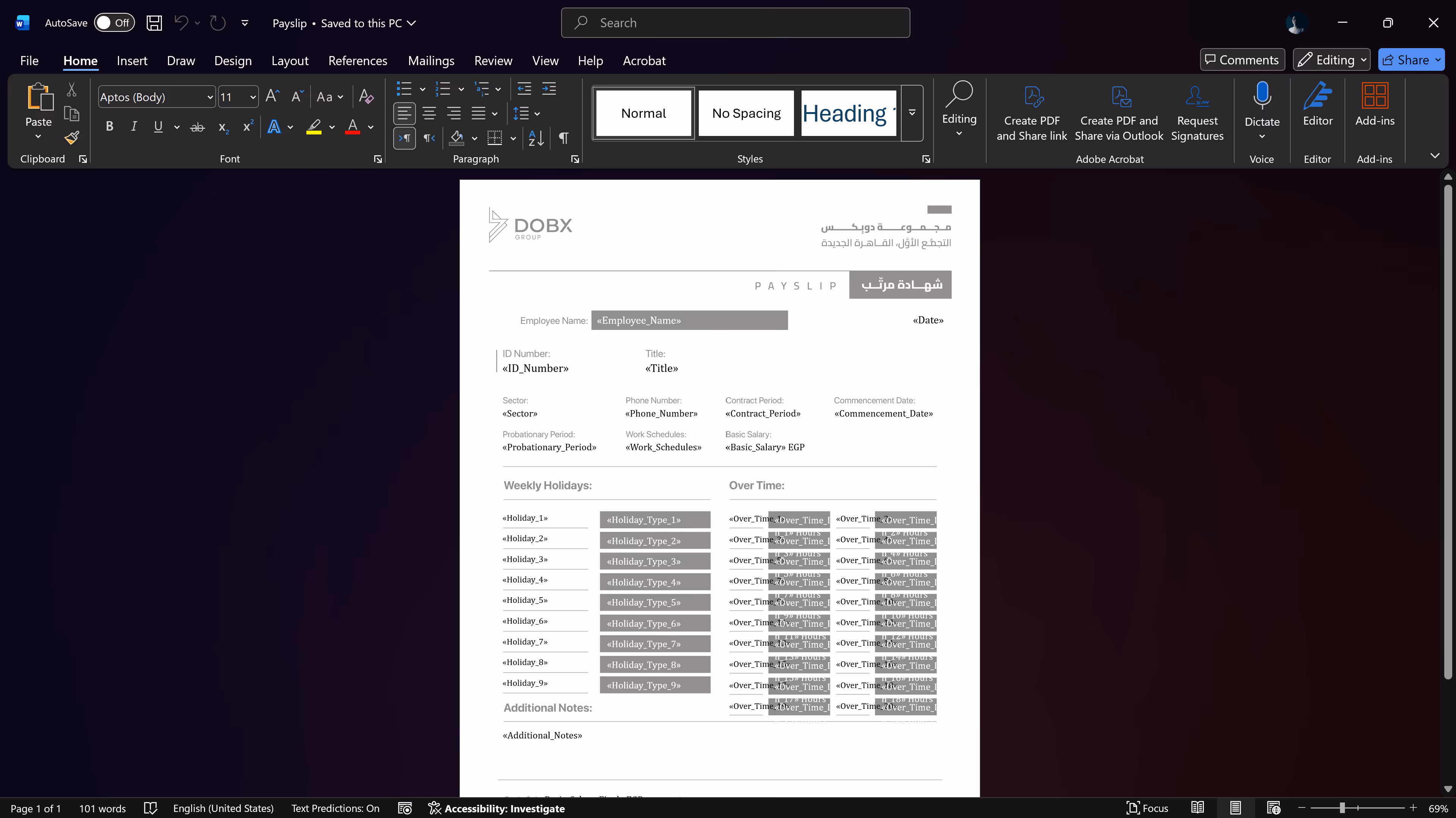 Digital payslip template in Microsoft Word with placeholders for employee details, holidays, overtime, and notes.