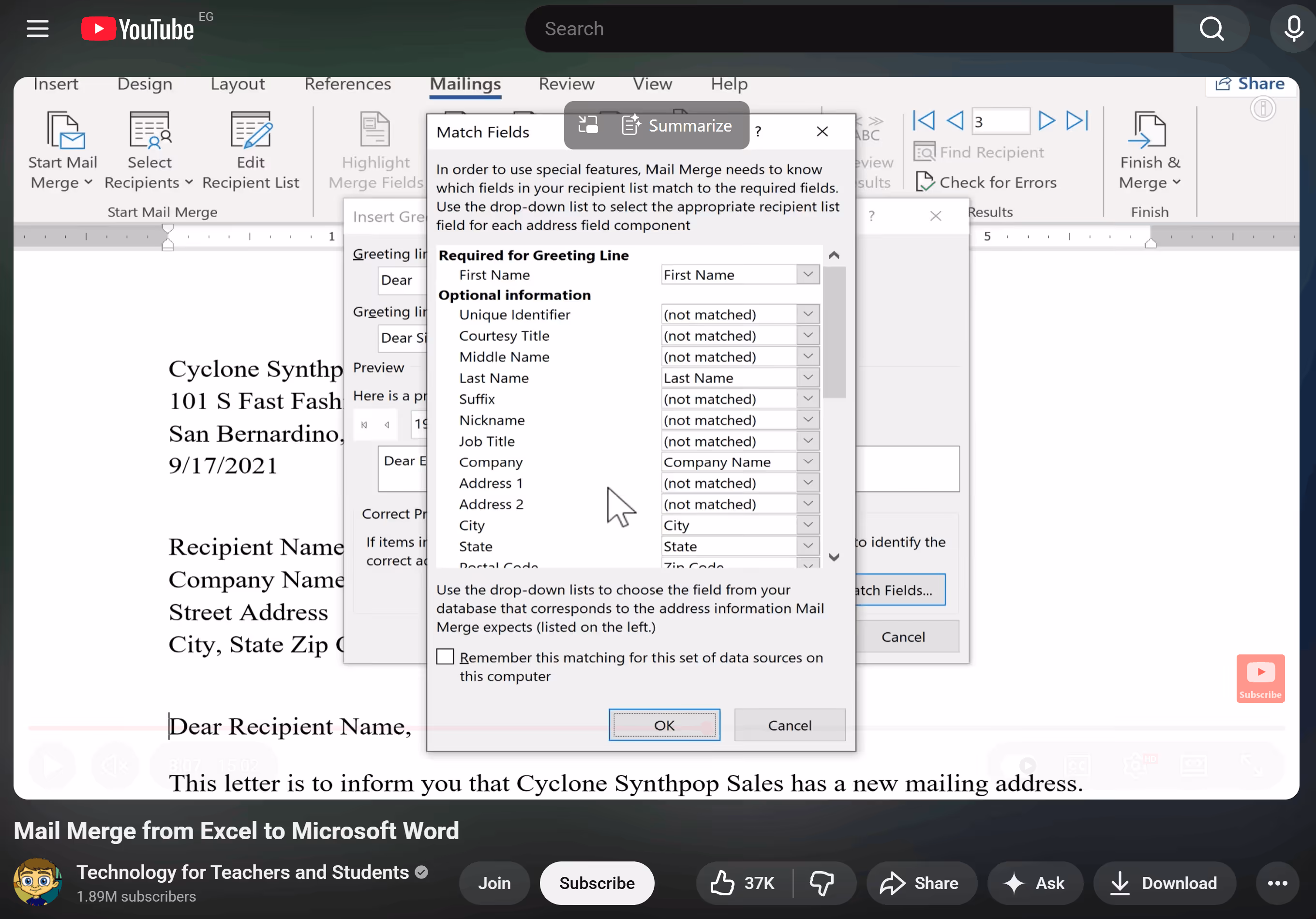Microsoft Word Mail Merge Match Fields popup showing address components matched with recipient list fields.