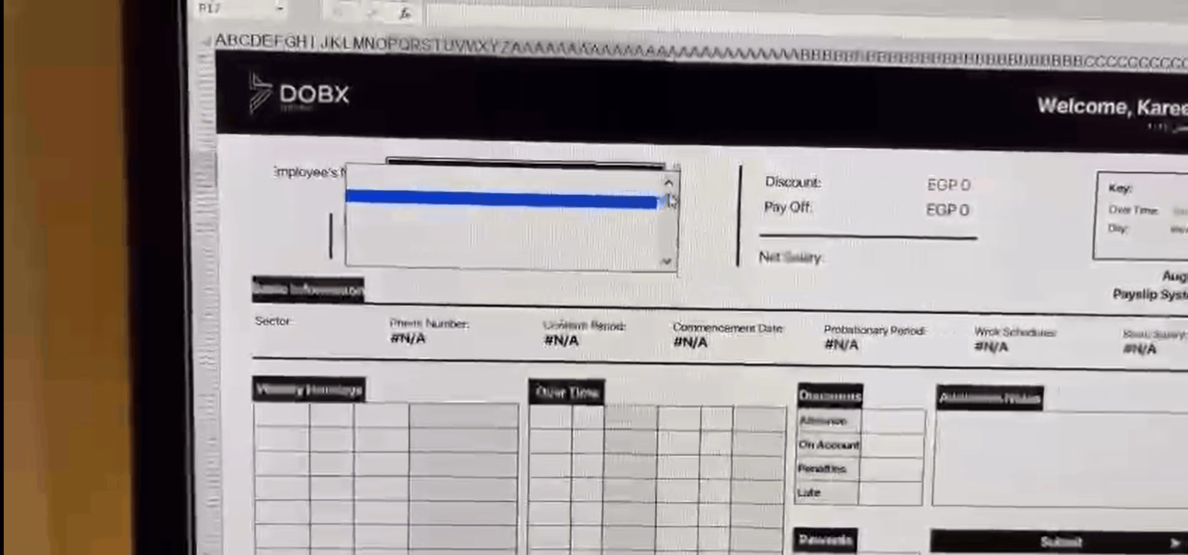 Partial view of a digital payroll system screen with employee info, allowance, overtime, and deductions tables.