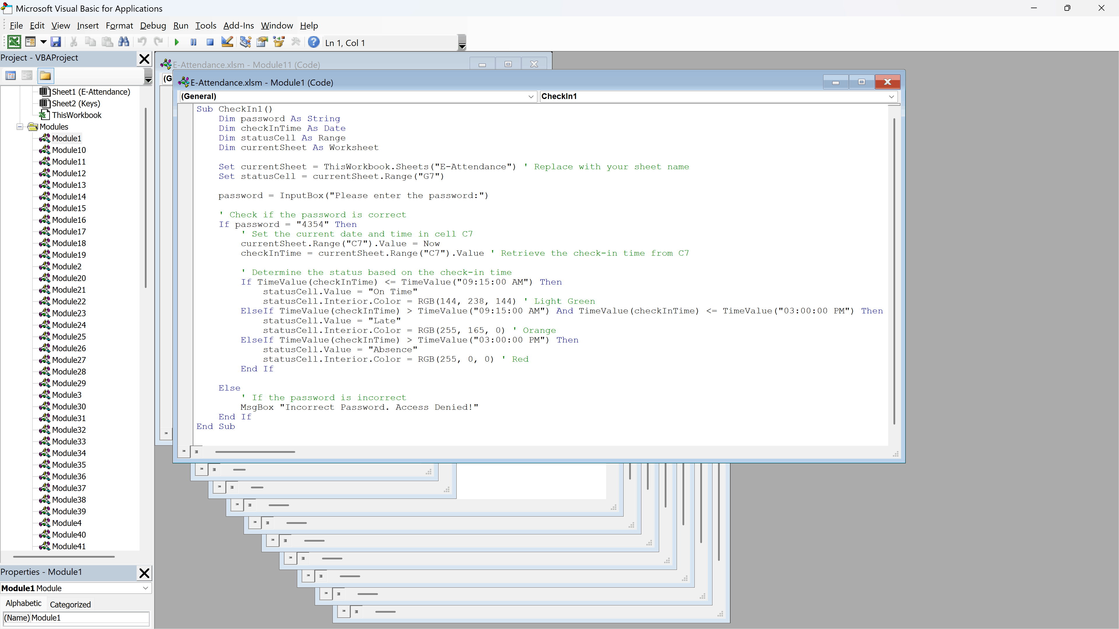 Microsoft VBA editor showing code for an attendance check-in system with password validation and time checks.
