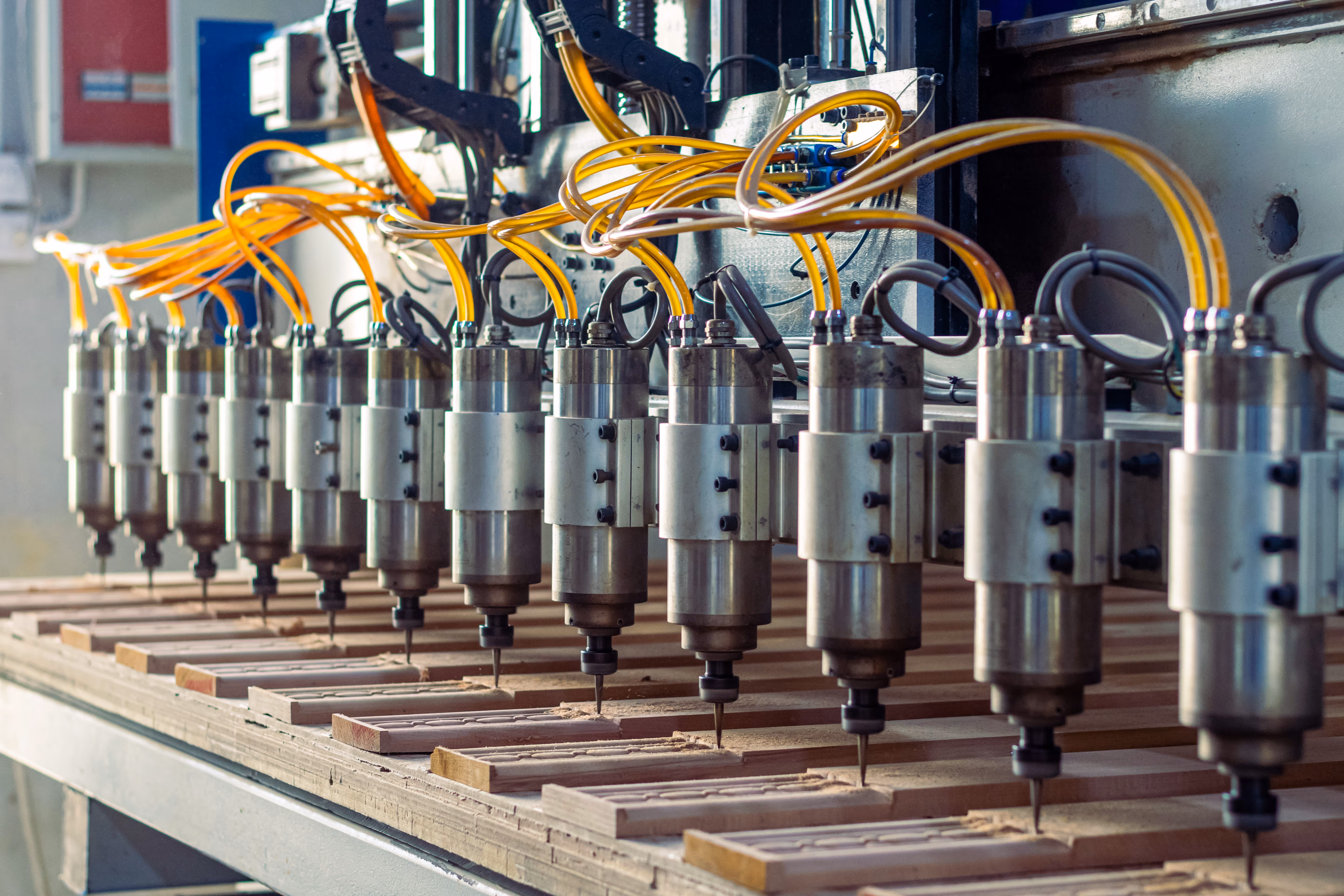 Multiple CNC drill heads with yellow cables carving wood panels on a production line.