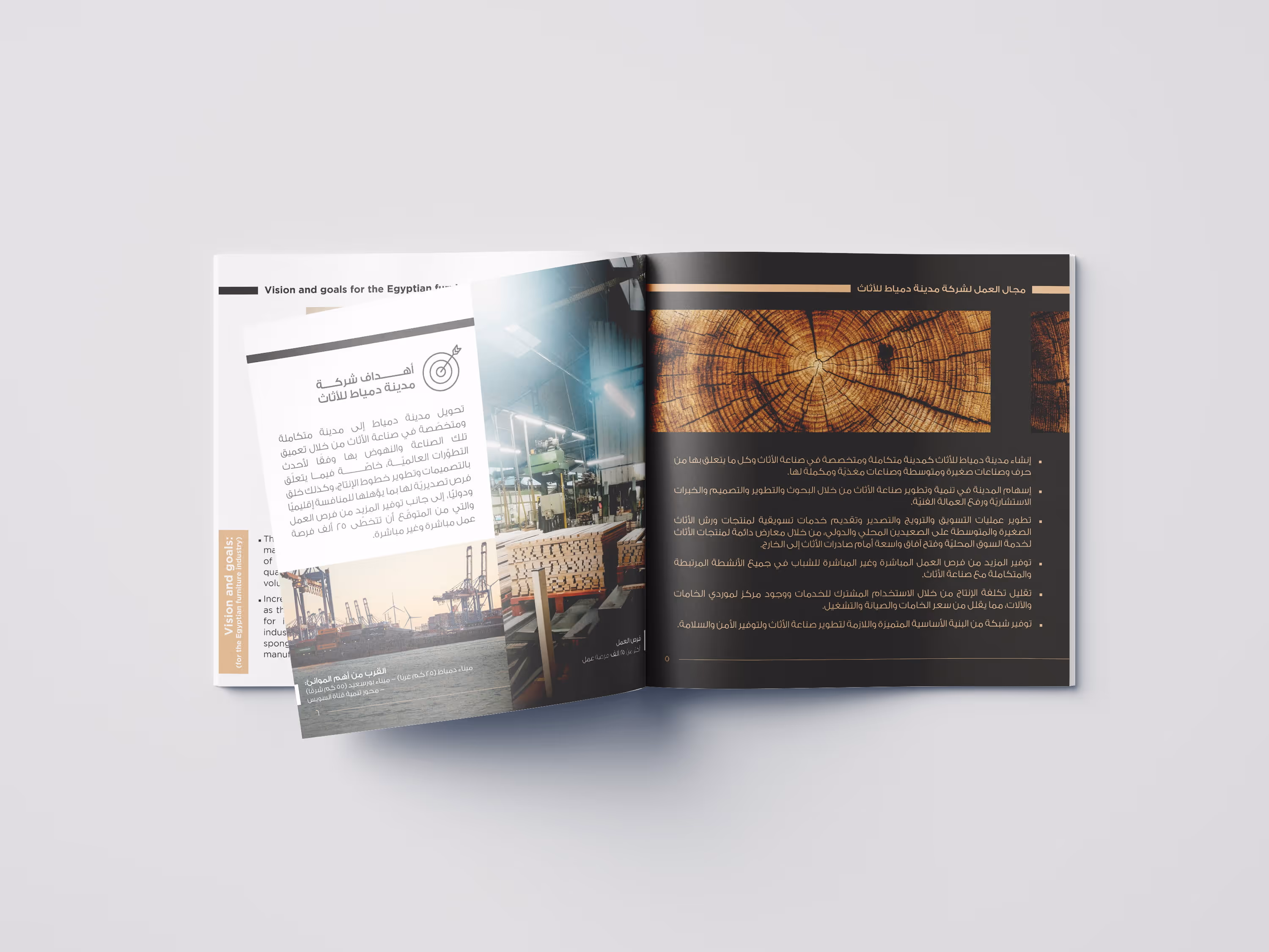 Open brochure with Arabic text, wood cross-section image, and photo of wood factory and port cranes.