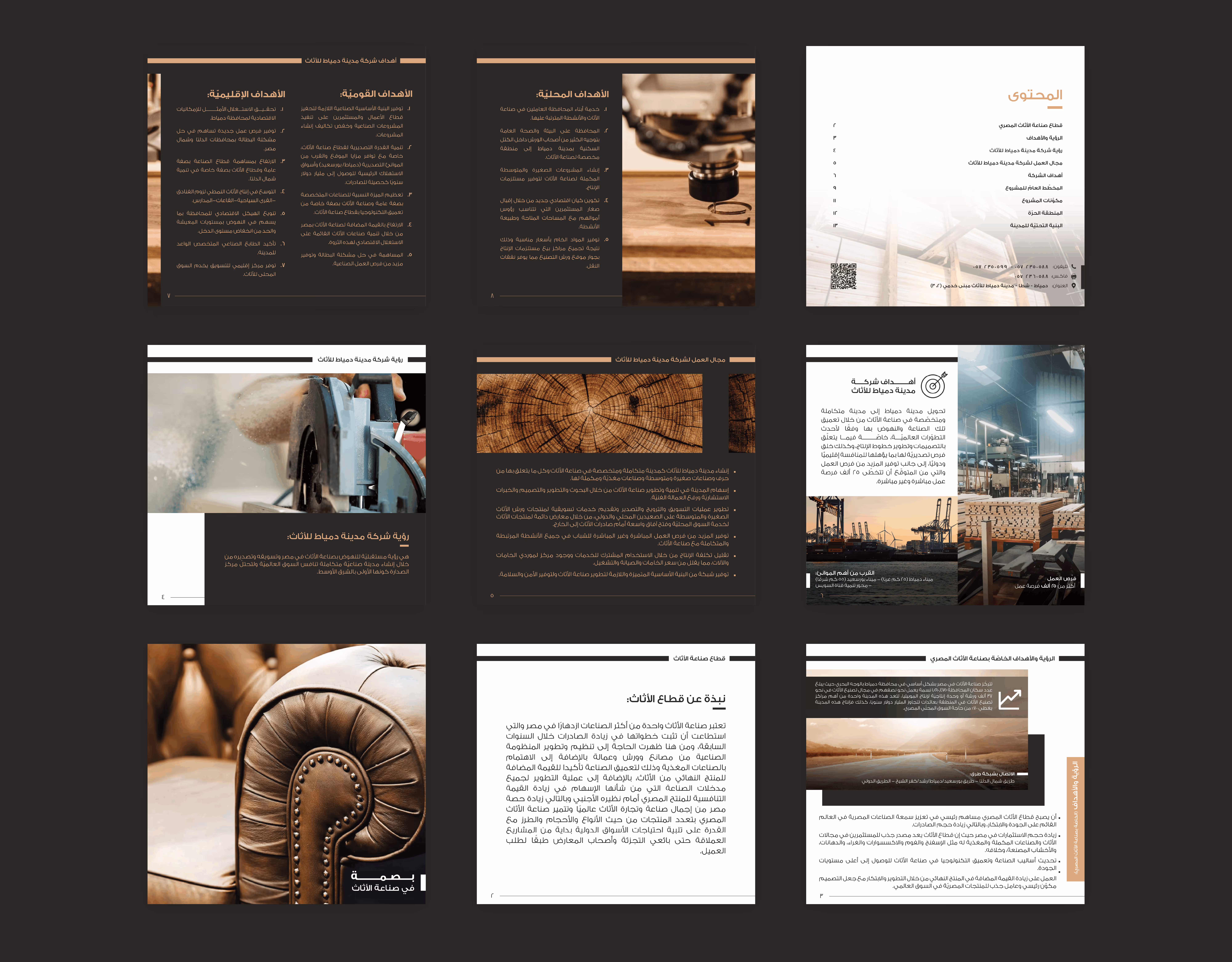Nine pages of an Arabic furniture industry booklet with text, woodwork images, and leather furniture photos.