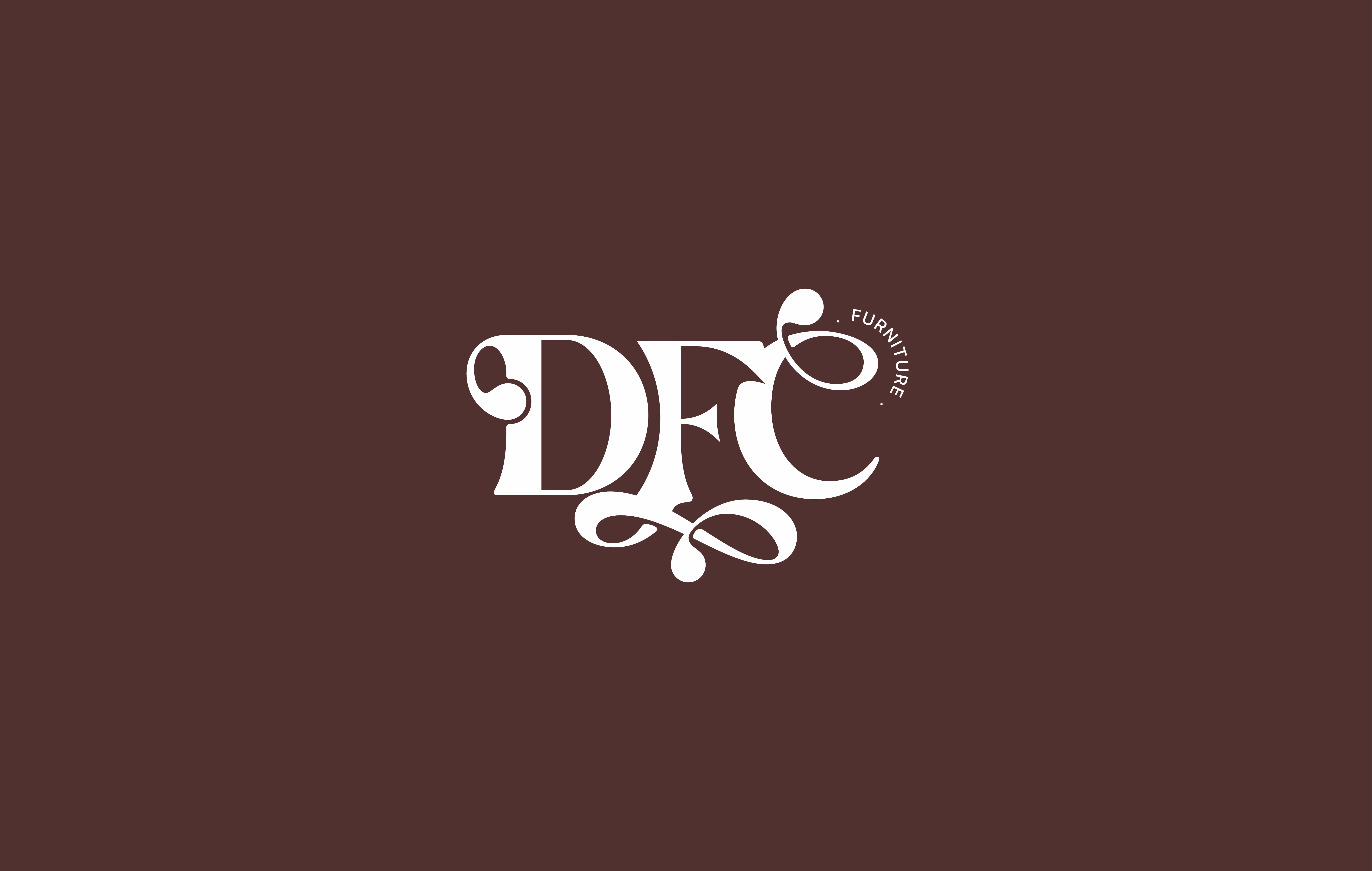 White ornate letters DFC with the word FURNITURE curved beside the C on dark brown background.