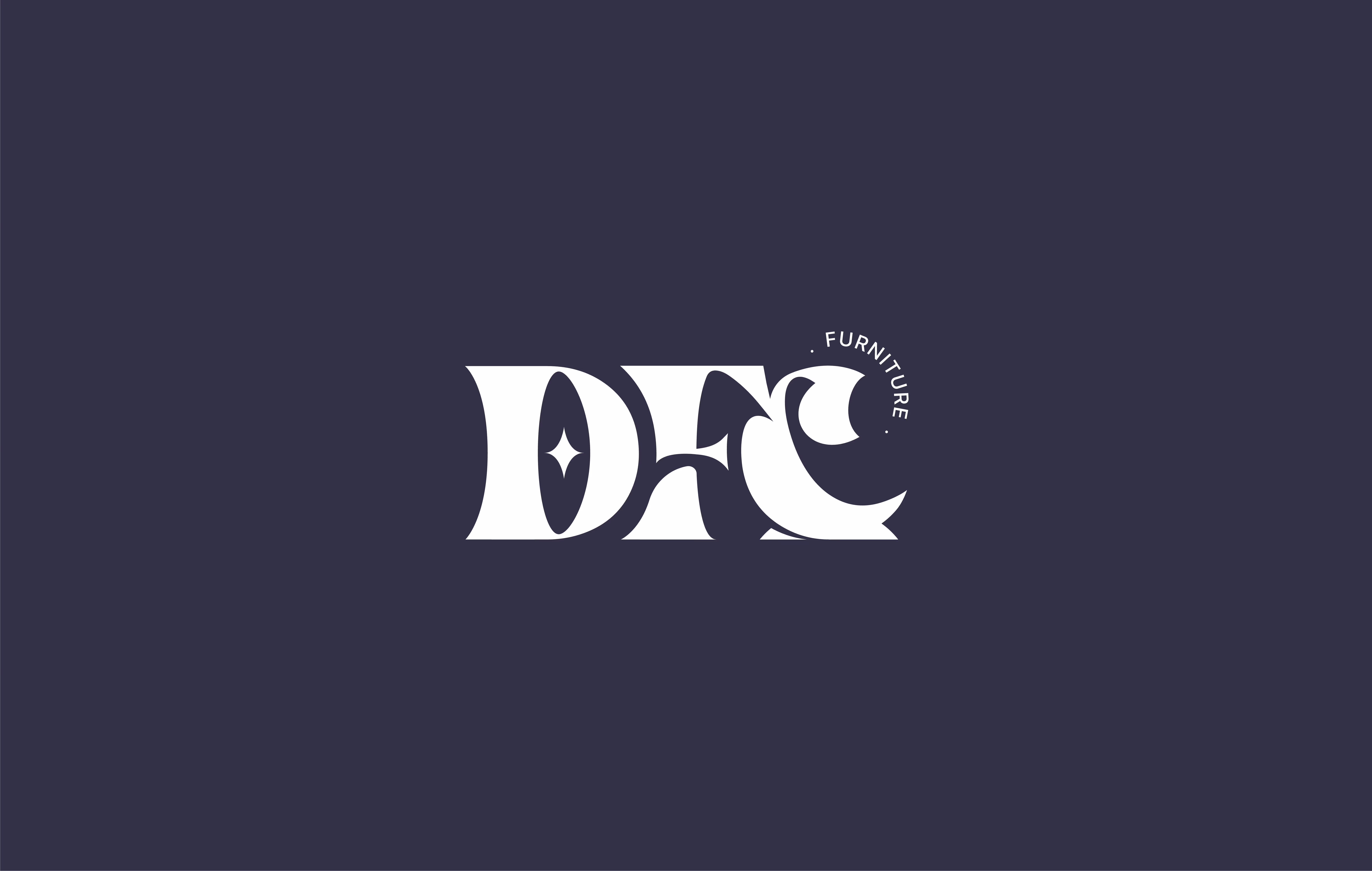 White stylized letters D, F, C with a crescent moon and the word FURNITURE on dark background.
