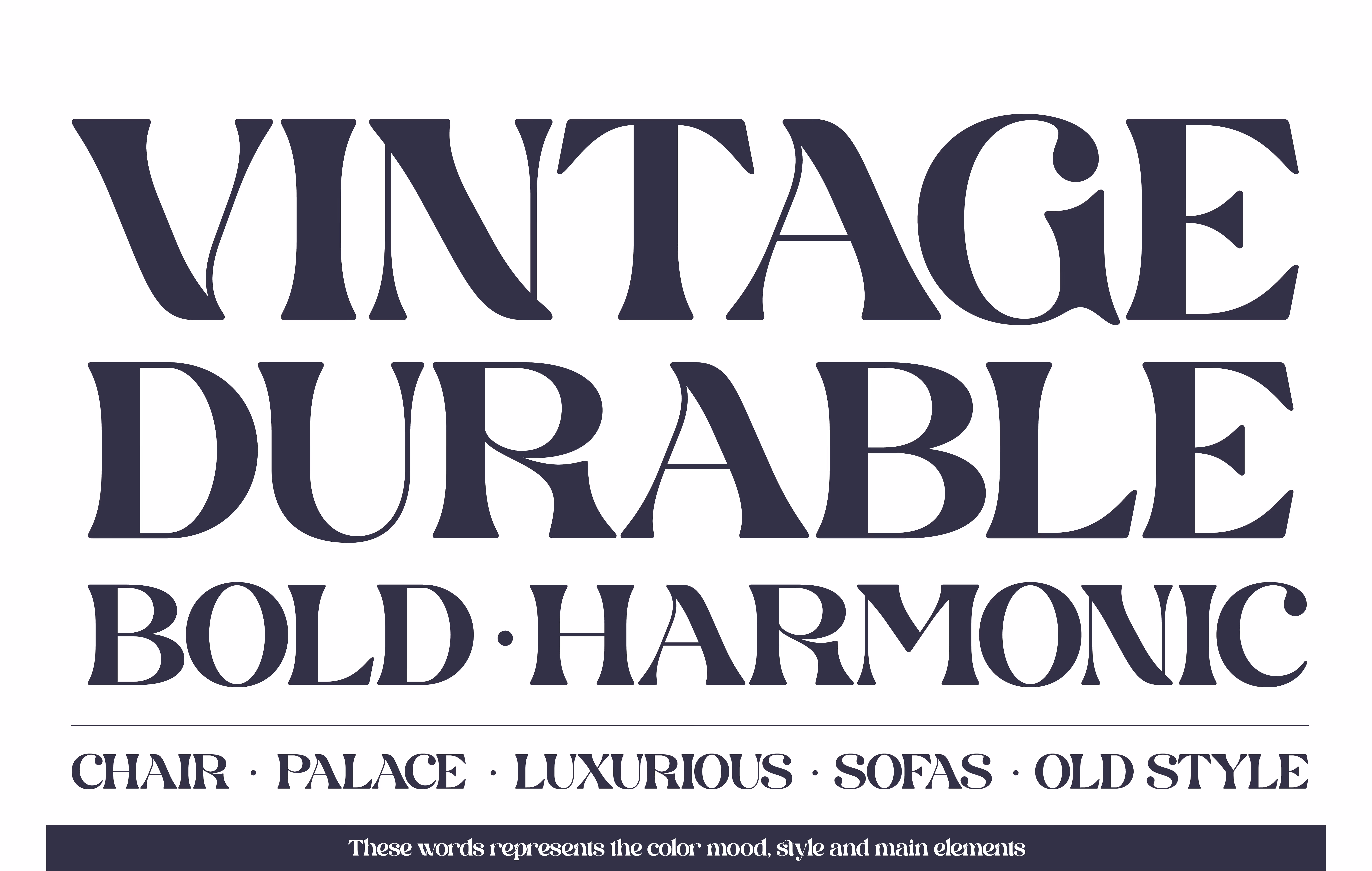 Typography image displaying words vintage durable bold harmonic with style-related keywords below.