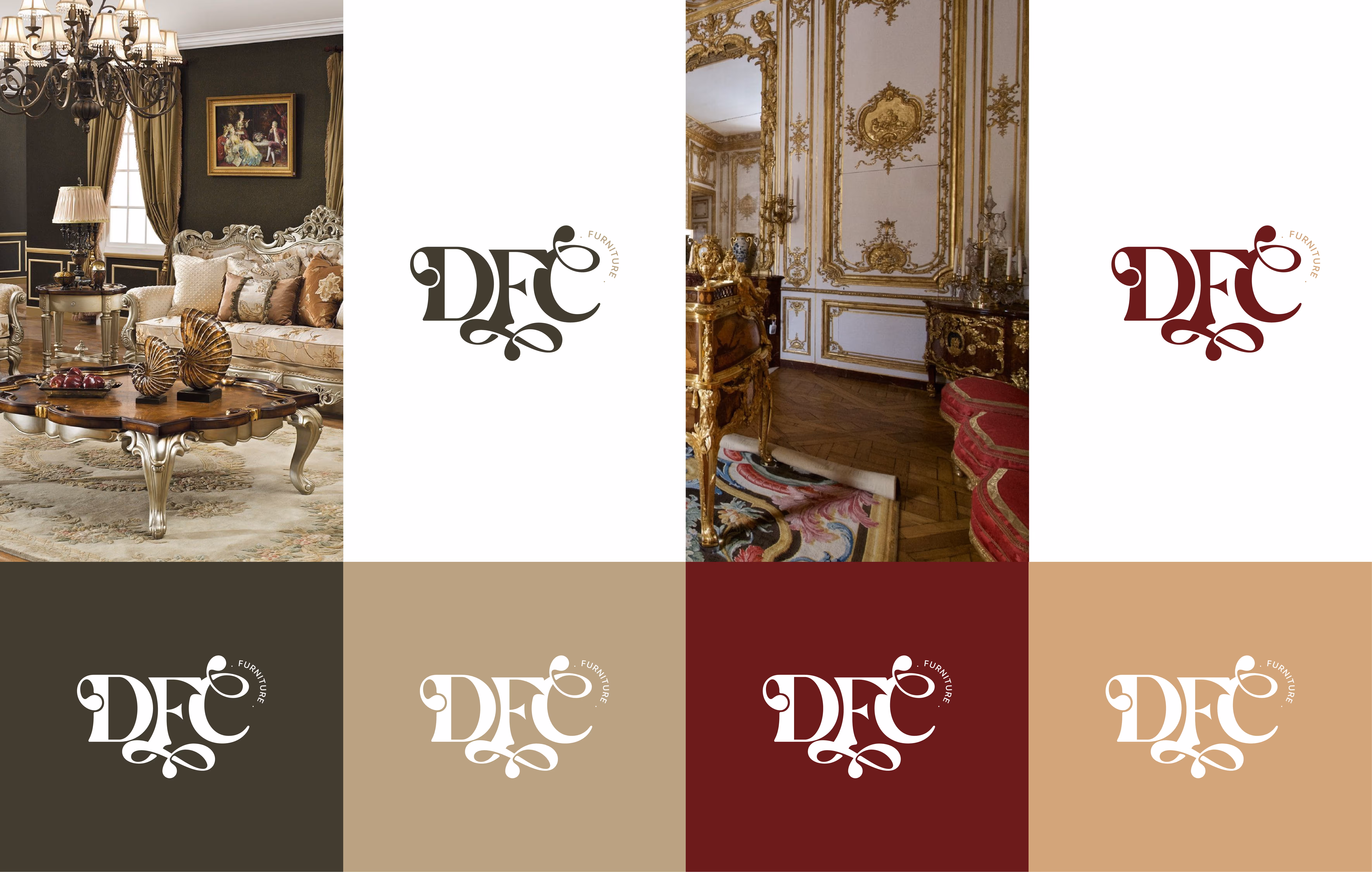 Elegant vintage living room and ornate royal-style room with six DFC Furniture logos in various colors.