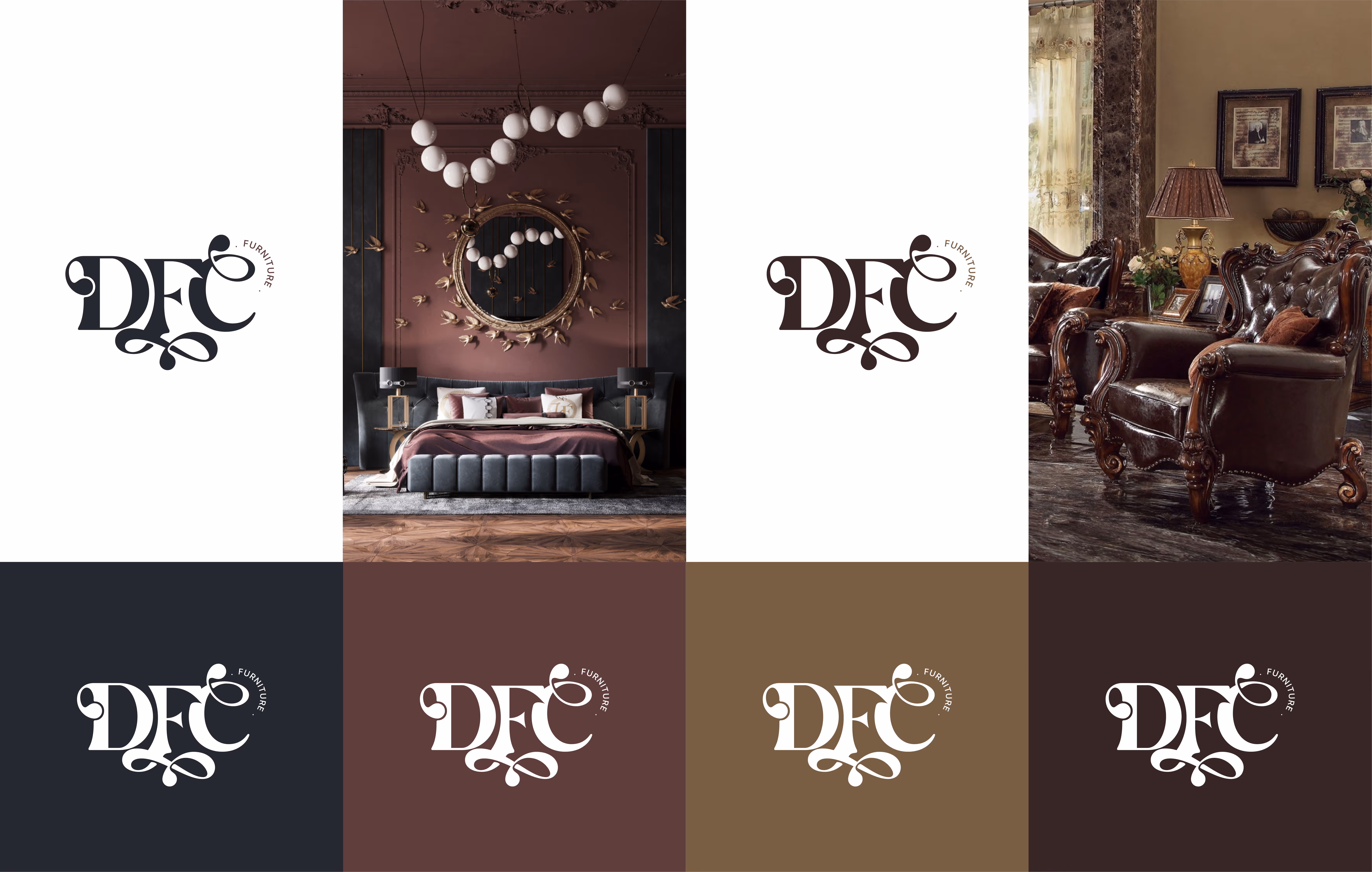 Two elegant room photos with six decorative DFC Furniture logos in various colors and backgrounds.
