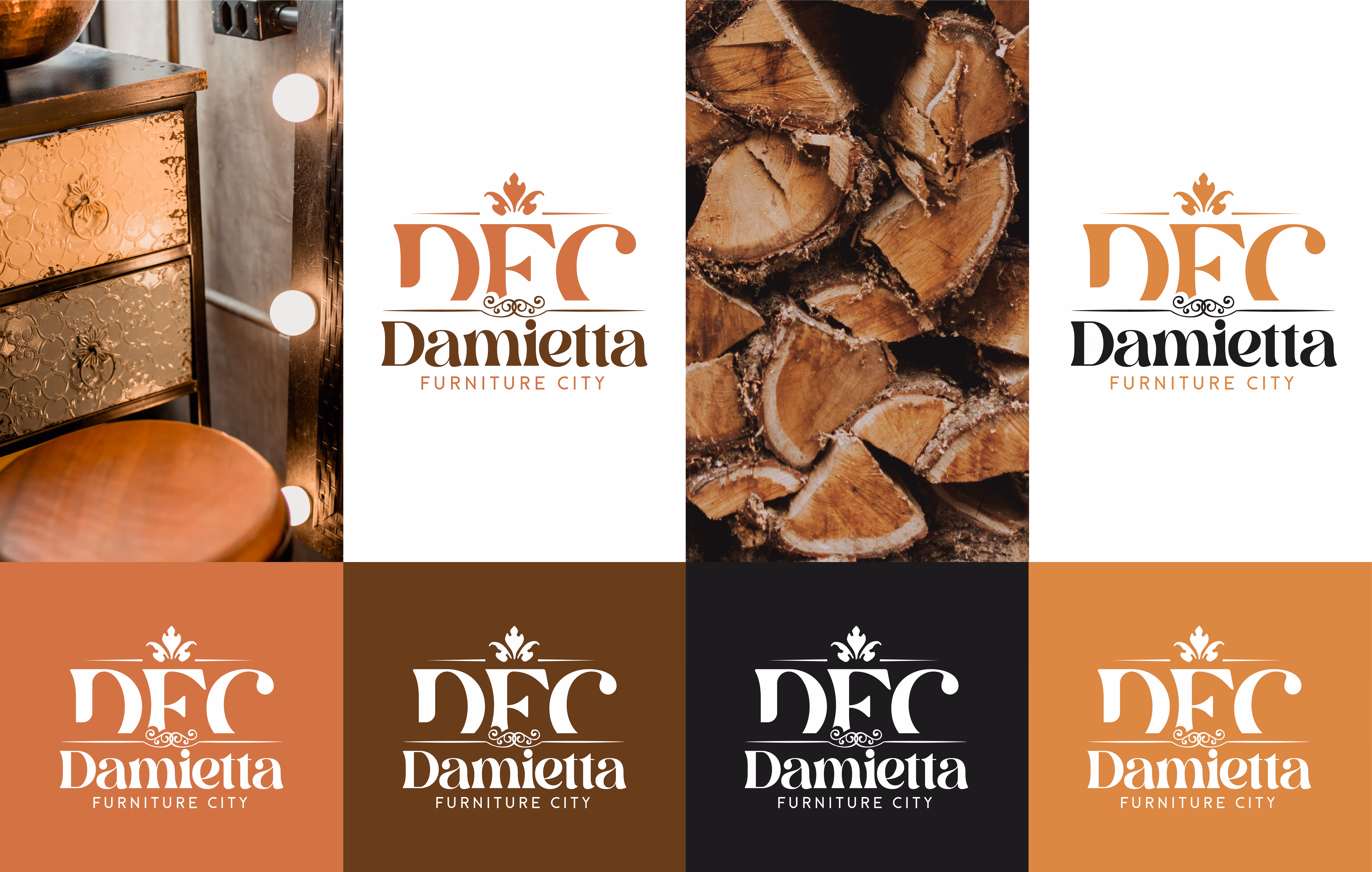 Collage with wooden furniture, stacked logs, and six variations of Damietta Furniture City logo.