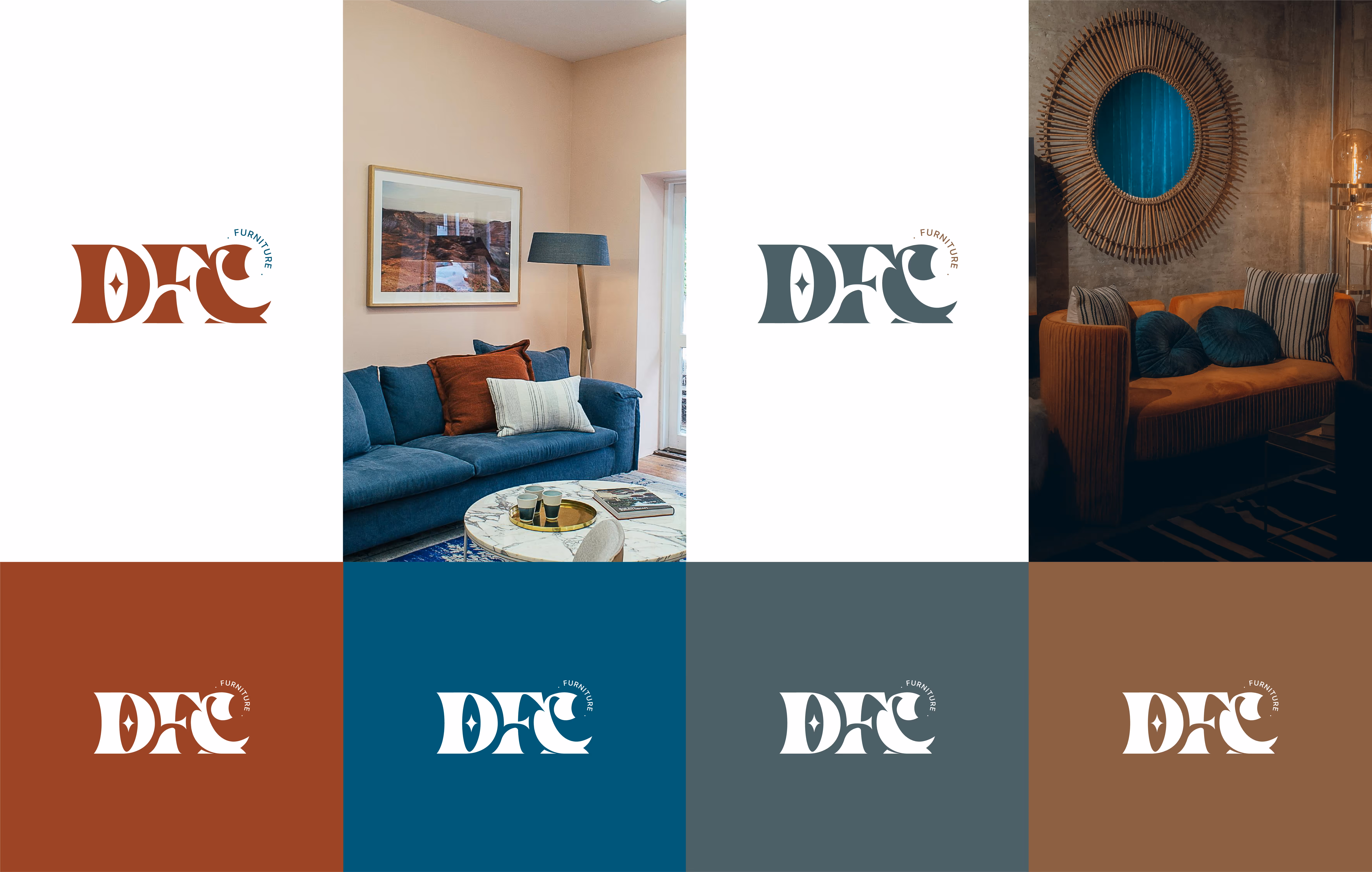 Six-panel color and logo grid with stylish living rooms and DFC Furniture logo in different colors.