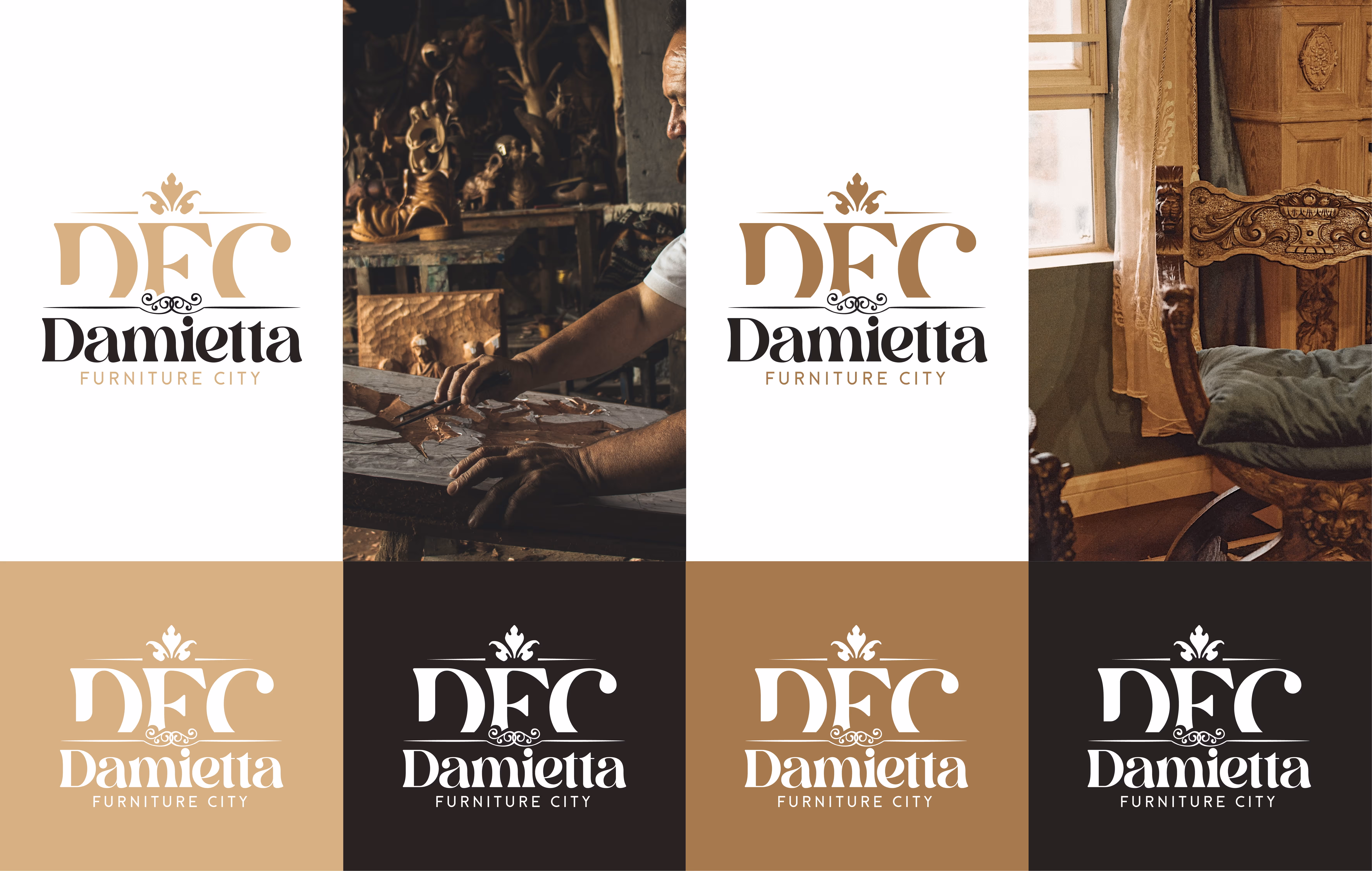 Grid of logos reading Damietta Furniture City with photos of wood carving and ornate chair.