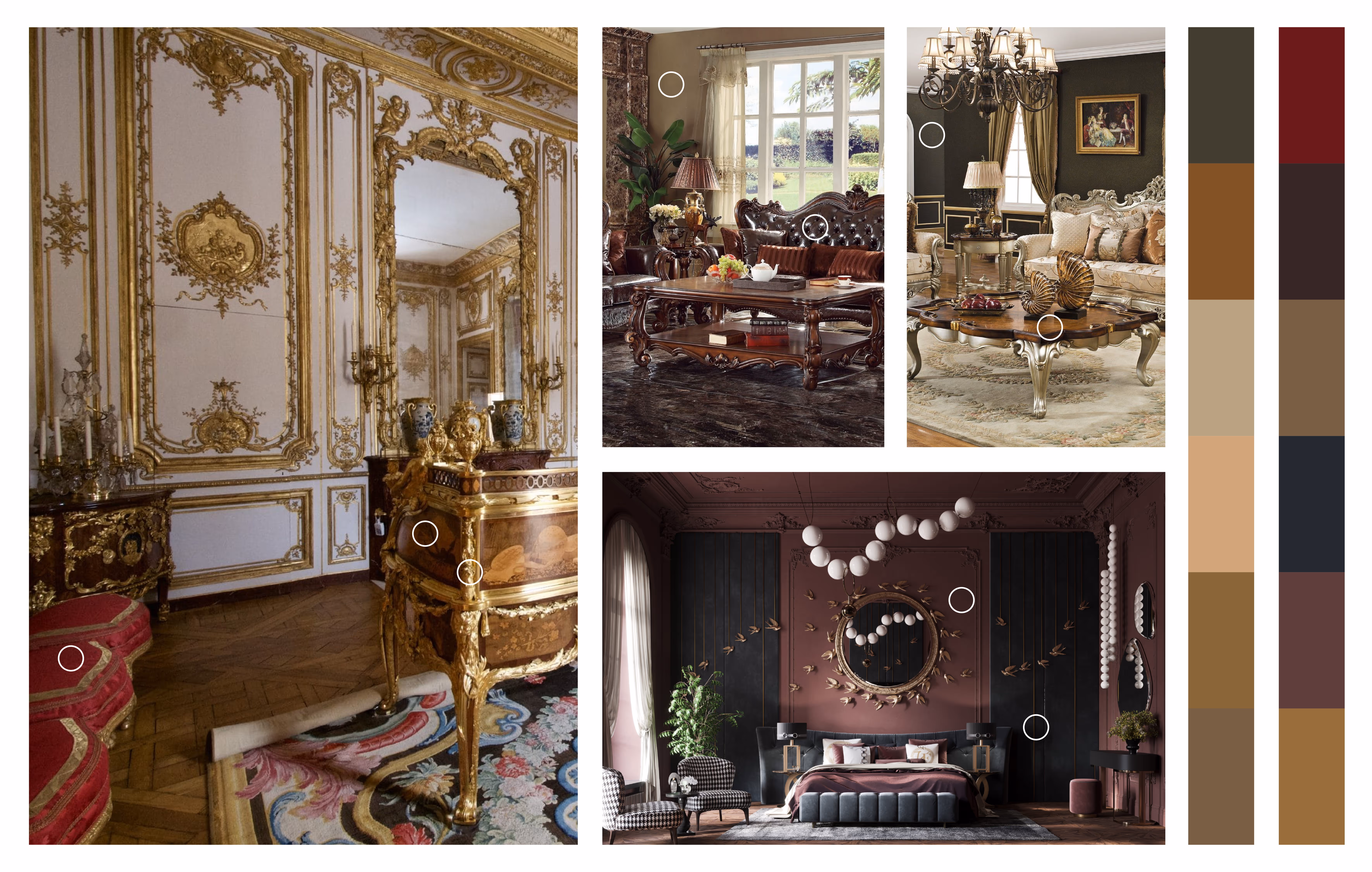 Collage of ornate classic and modern luxury interiors with rich wood, gold accents, and elegant furniture.