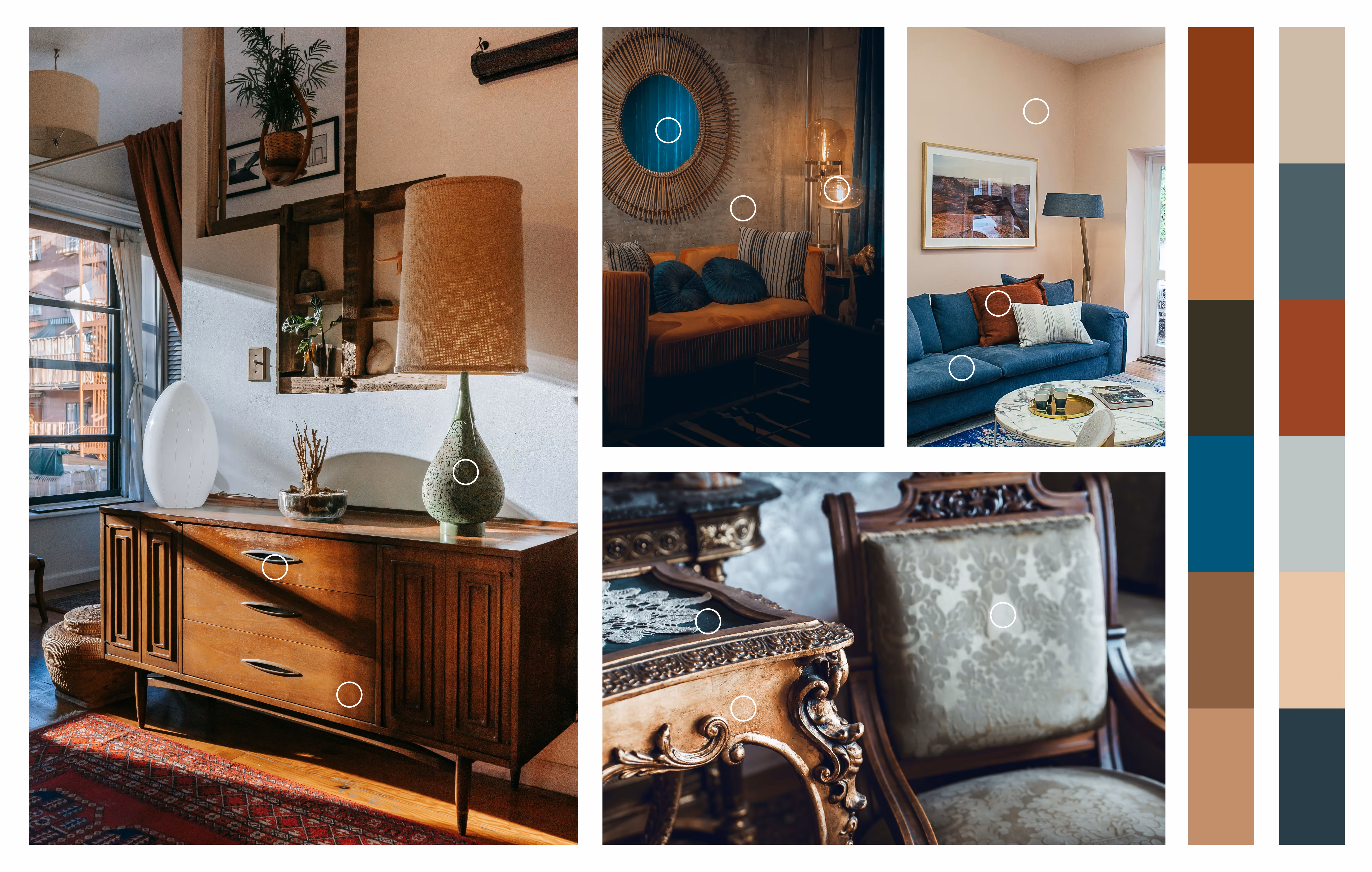 Collage of cozy living spaces with retro lamp, velvet couch, and ornate antique chair and table.