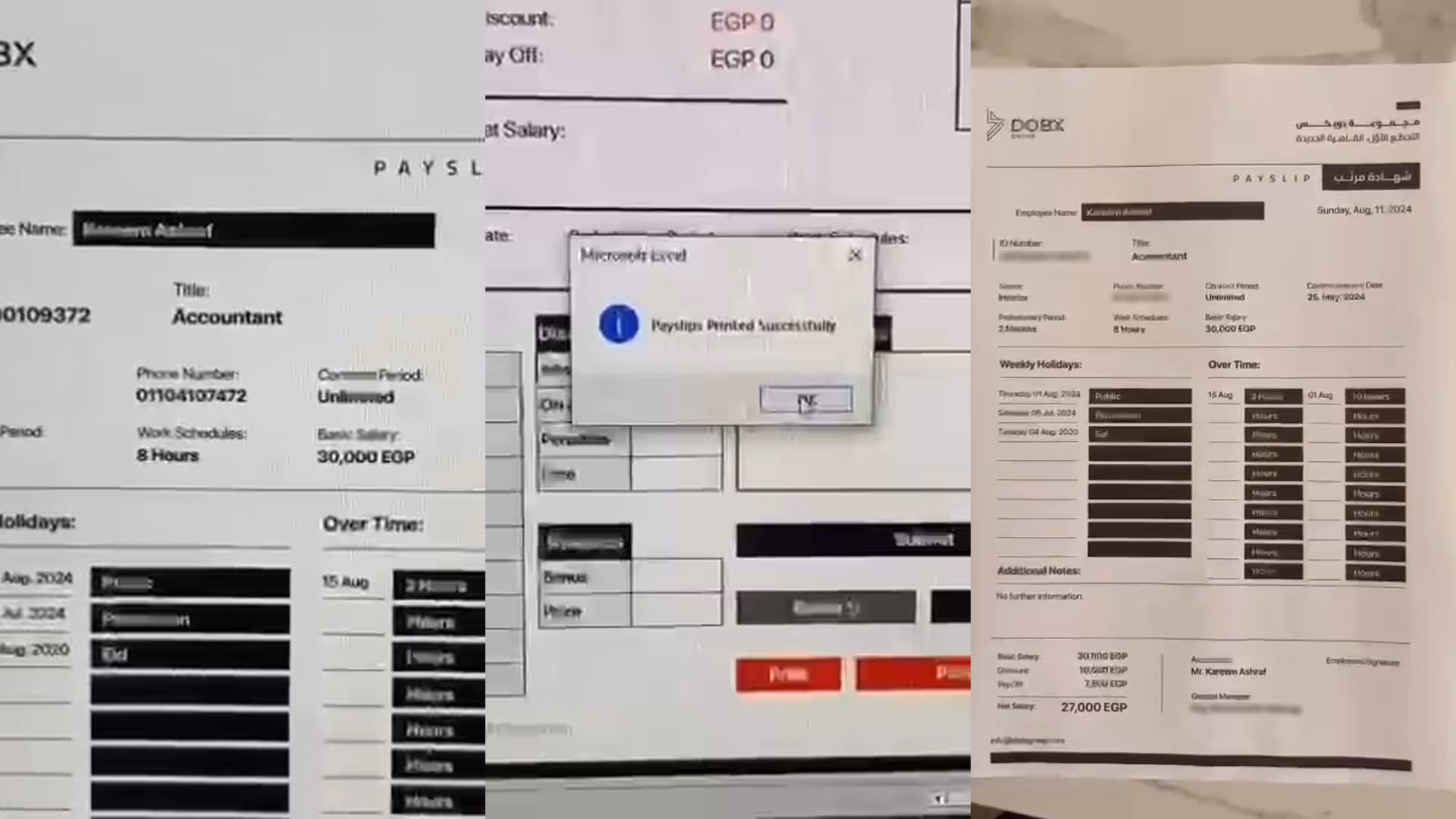A printed payslip for an accountant showing salary details and a confirmation popup for successful printing.