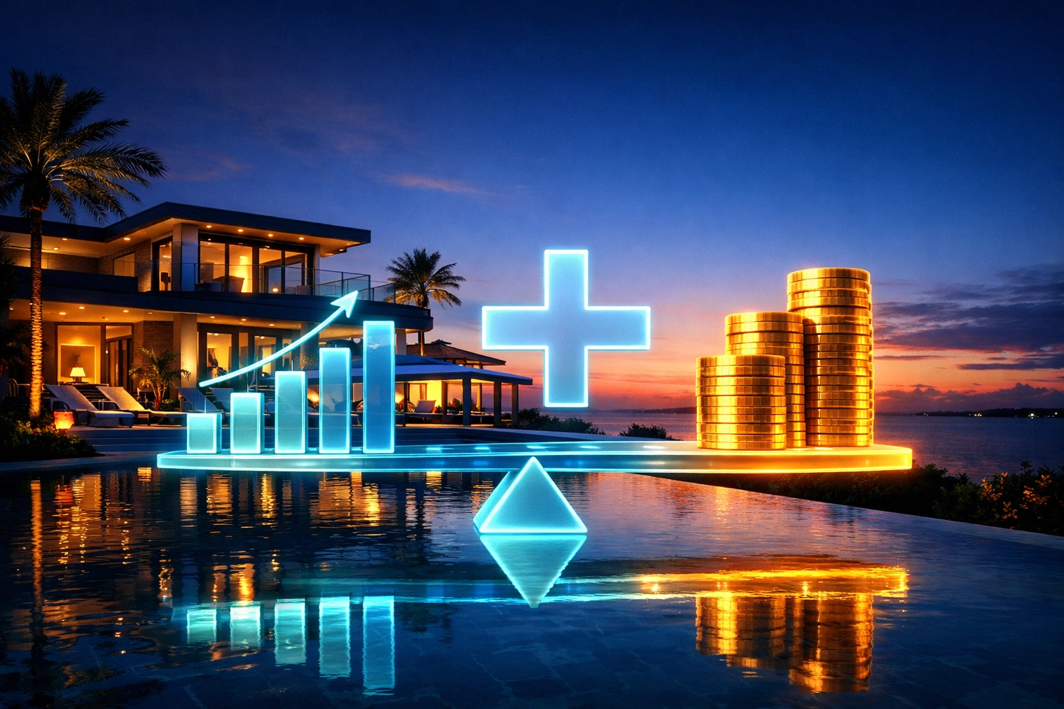 Luxury Florida villa and growth charts illustrating property cash flow for DSCR loan qualification.