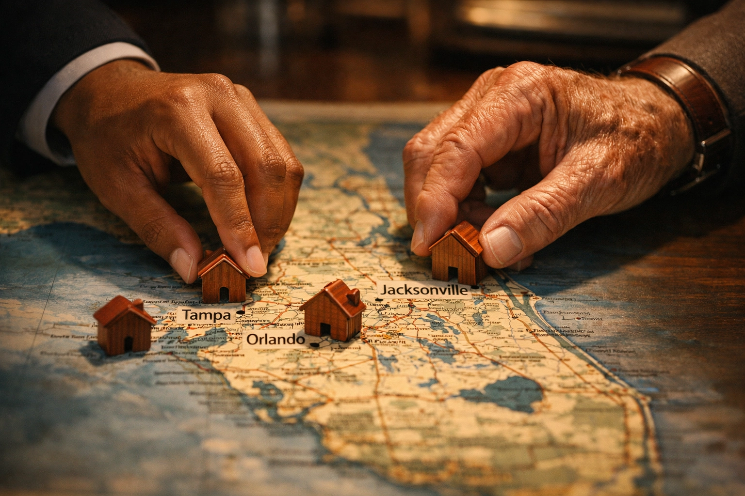 Investors strategizing on a Florida map with house icons to build an investment property portfolio.