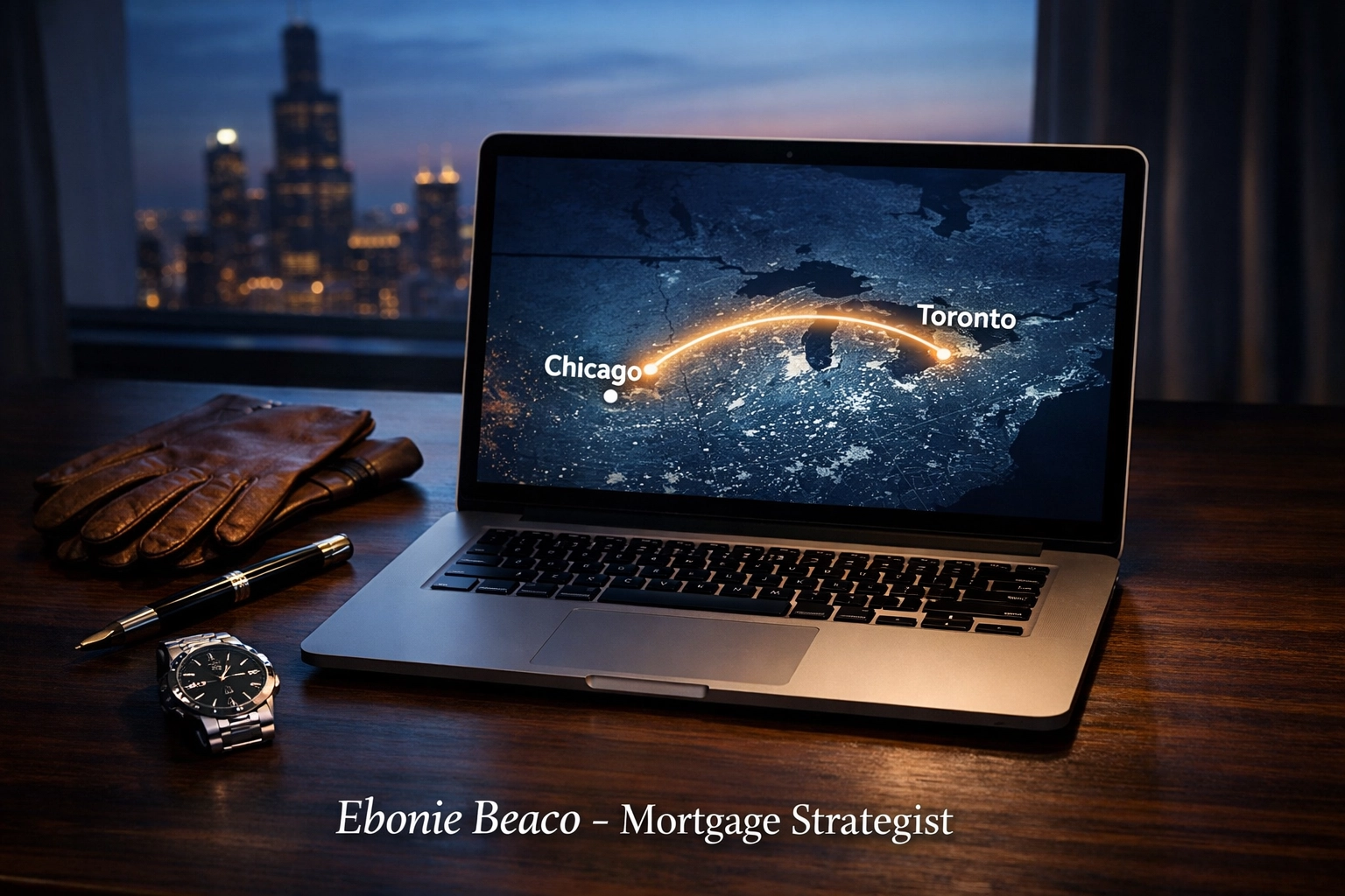 A laptop on a desk showing a digital connection between Toronto and Chicago for foreign national investors.