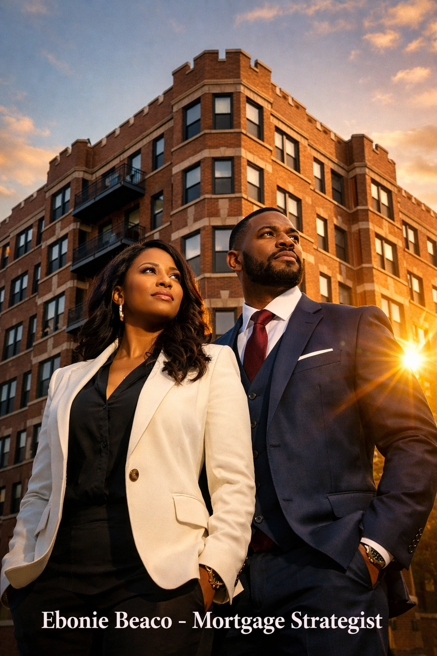 Successful real estate investors standing in front of a 32-unit Chicago apartment complex at sunset.