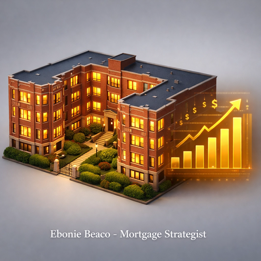 Multifamily courtyard building in Chicago with a growth chart representing rental cash flow.