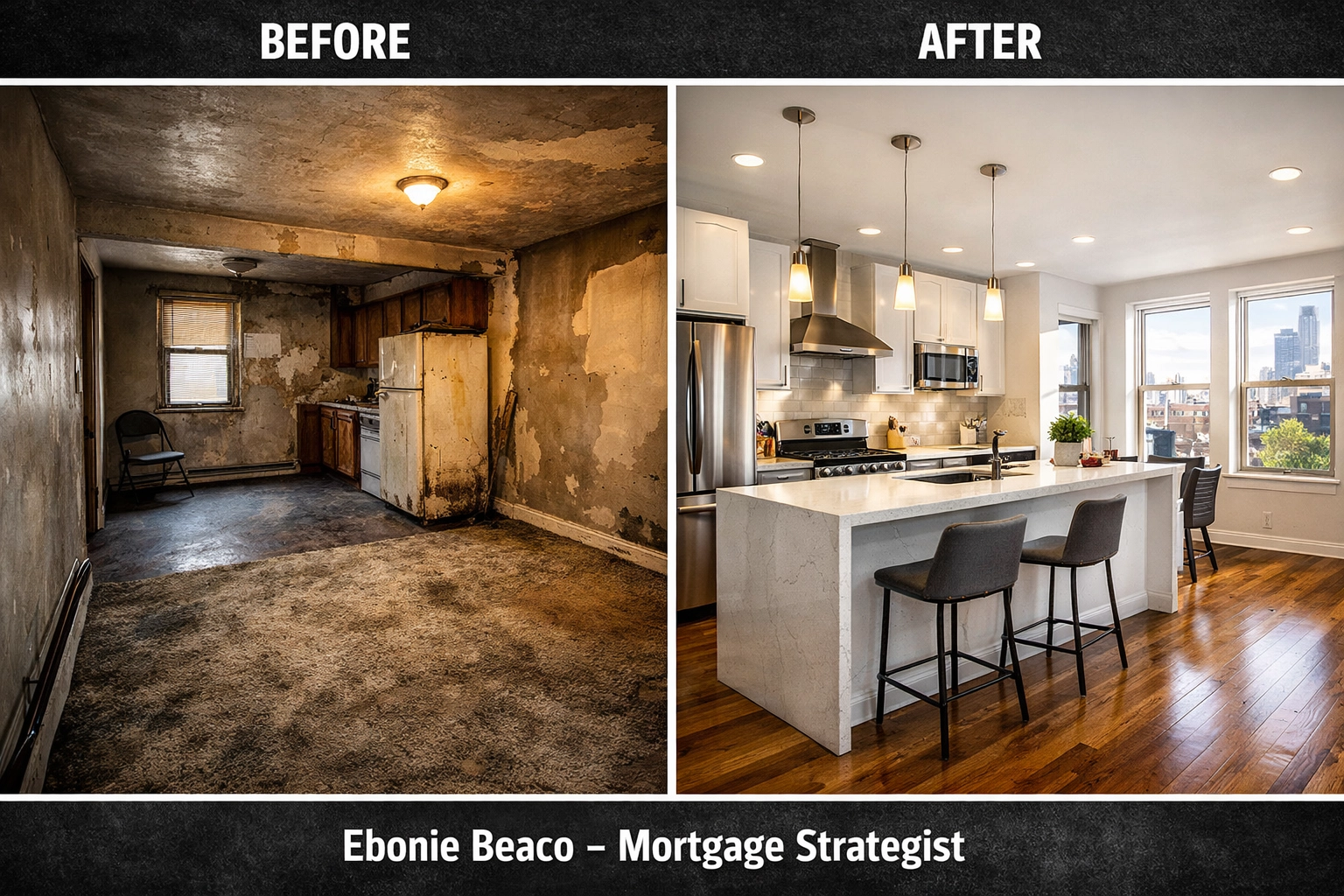 Before and after comparison of a renovated South Side Chicago apartment showing value-add potential.