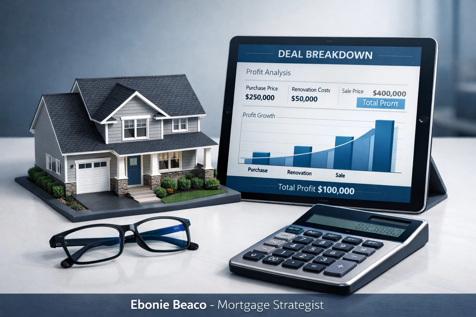 Investment analysis of a real estate wholesale deal breakdown with profit growth projections.