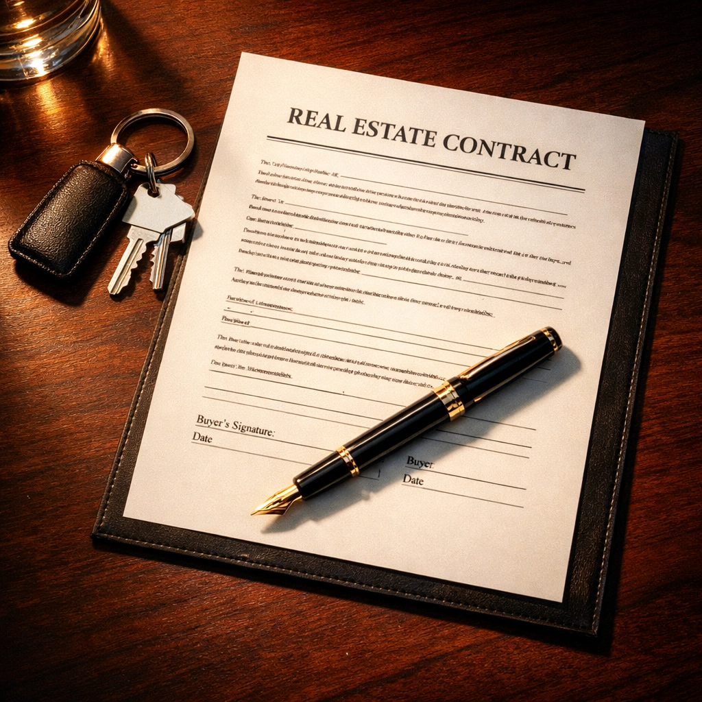 Professional real estate wholesale contracts and keys on a desk for a CA or FL deal closing.