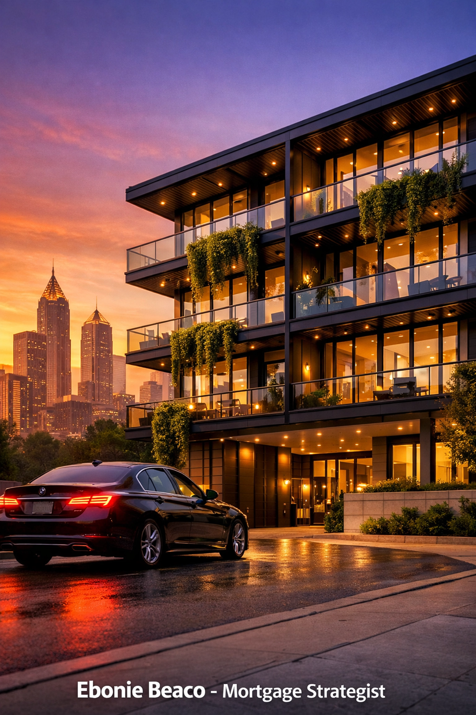 Modern Midtown Atlanta luxury multi-unit property at golden hour, a target for savvy jumbo loan investors.