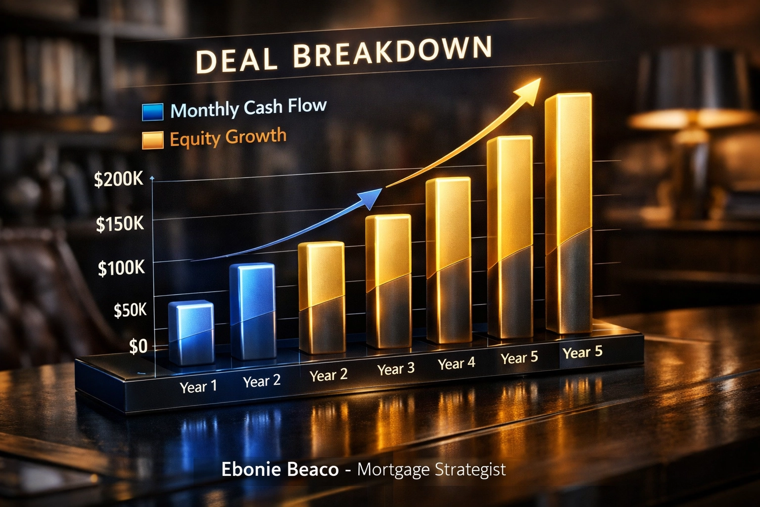 Real estate finance graphic comparing monthly cash flow and equity growth for luxury home buyers.