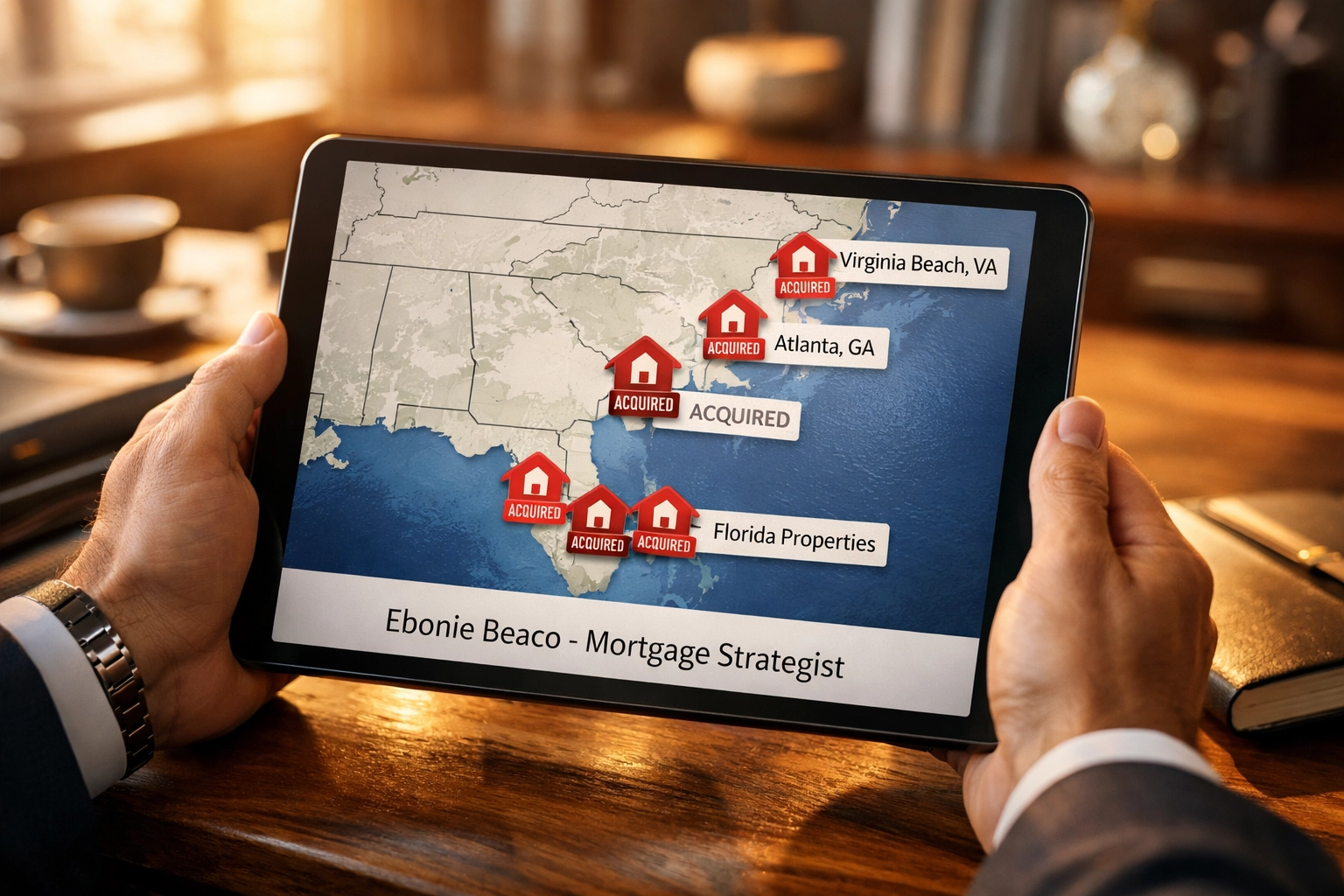 Digital tablet displaying a real estate portfolio map with luxury investment properties in Virginia Beach and Atlanta.
