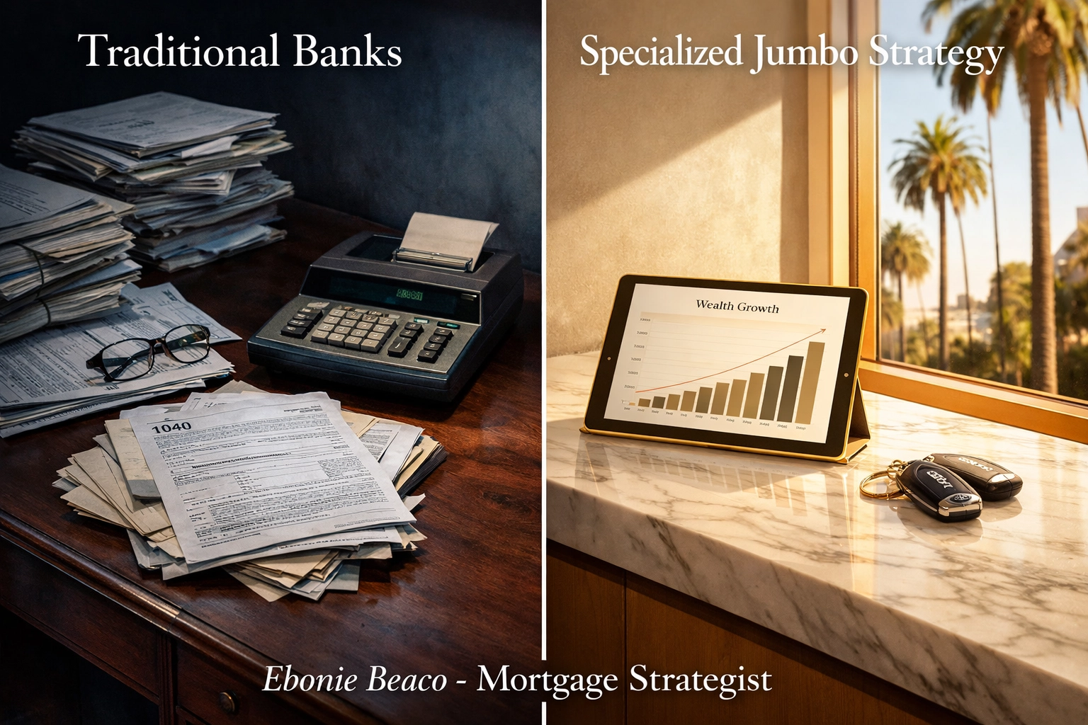 Comparison of traditional bank hurdles versus flexible jumbo loan strategies for Beverly Hills real estate.